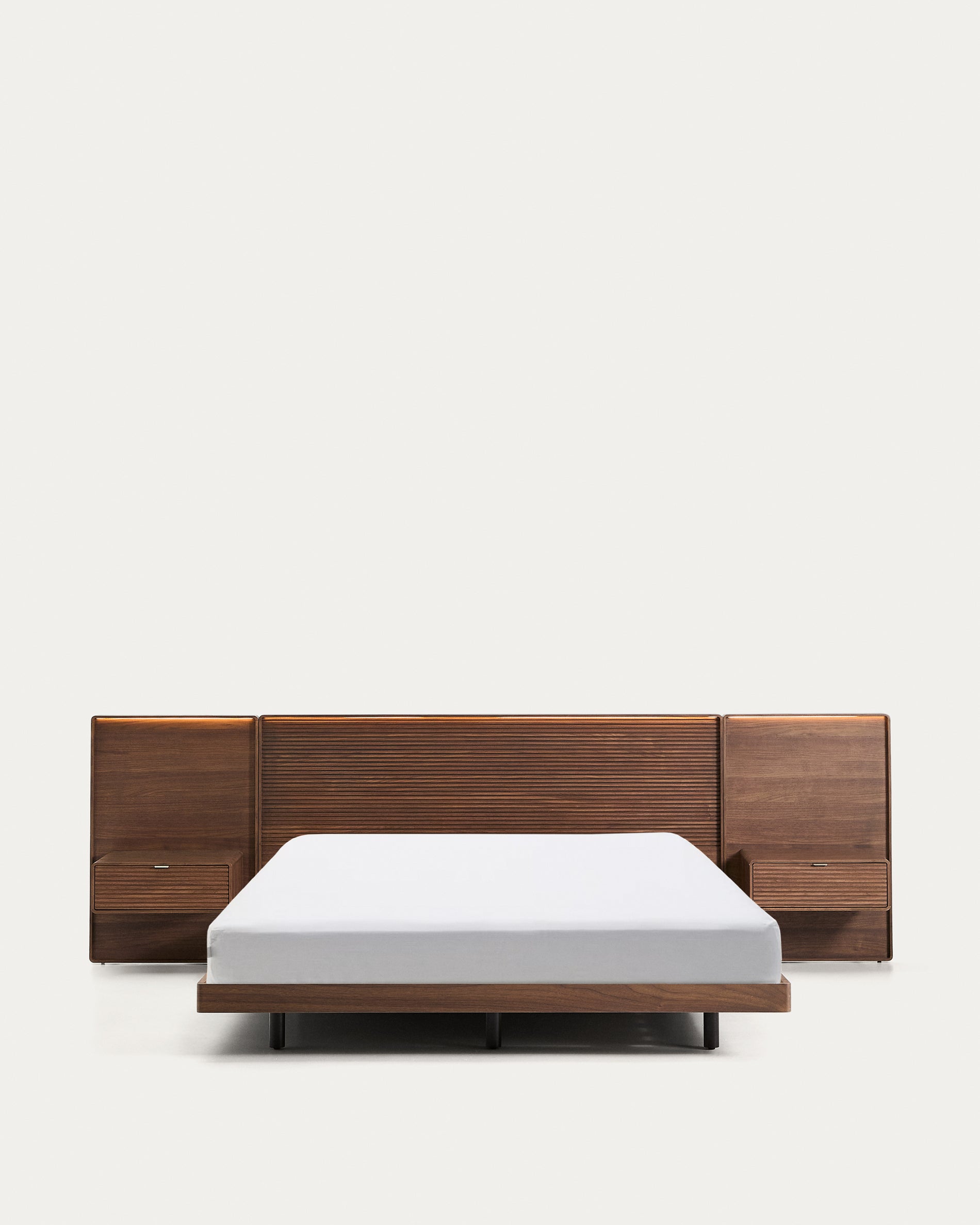 Norlen bed with 2 bedside tables in walnut veneer with dark finish and LED light for 160 x 200cm mattress FSC Mix Credit - Product View