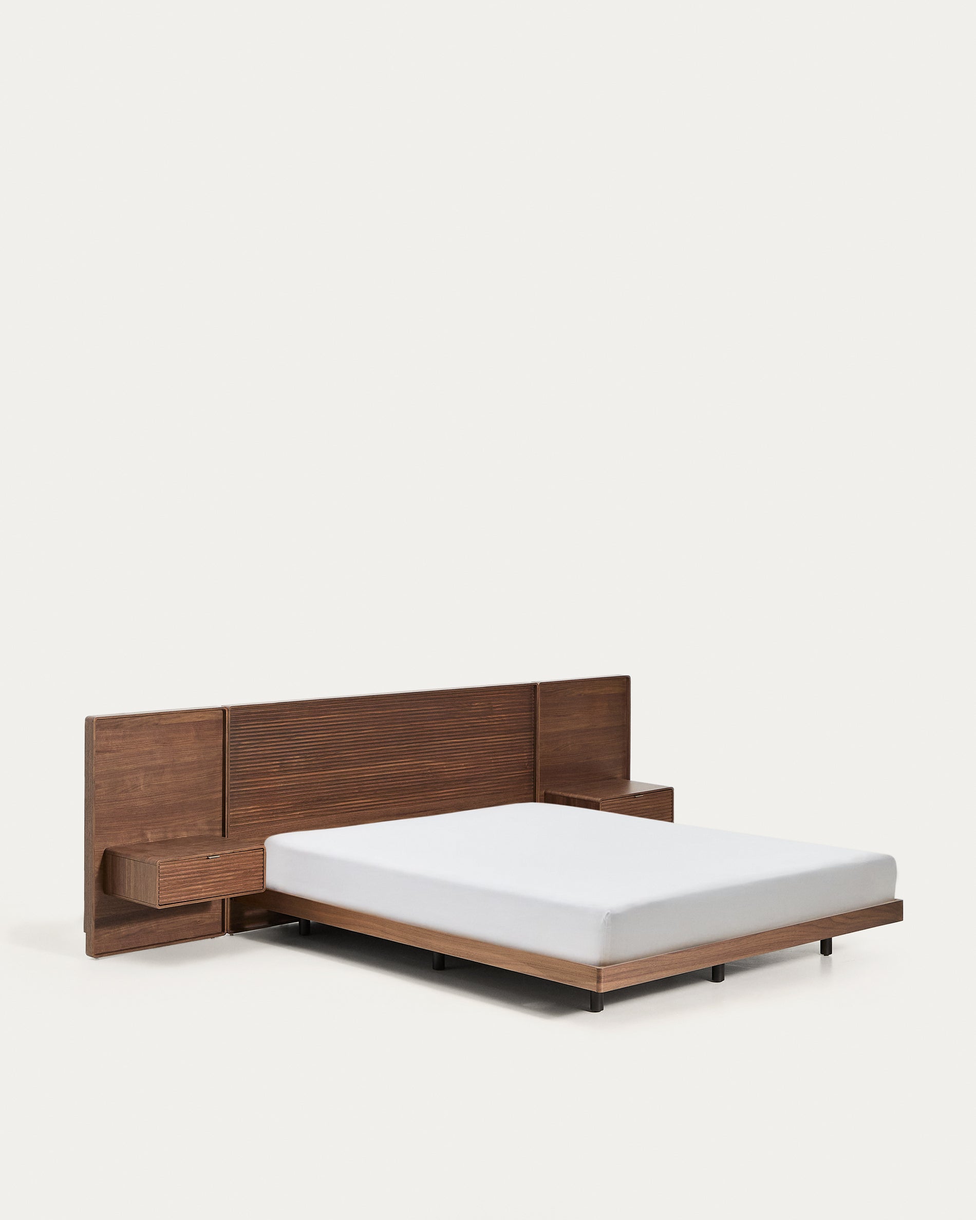 Norlen bed with 2 bedside tables in walnut veneer with dark finish and LED light for 160 x 200cm mattress FSC Mix Credit - Product View