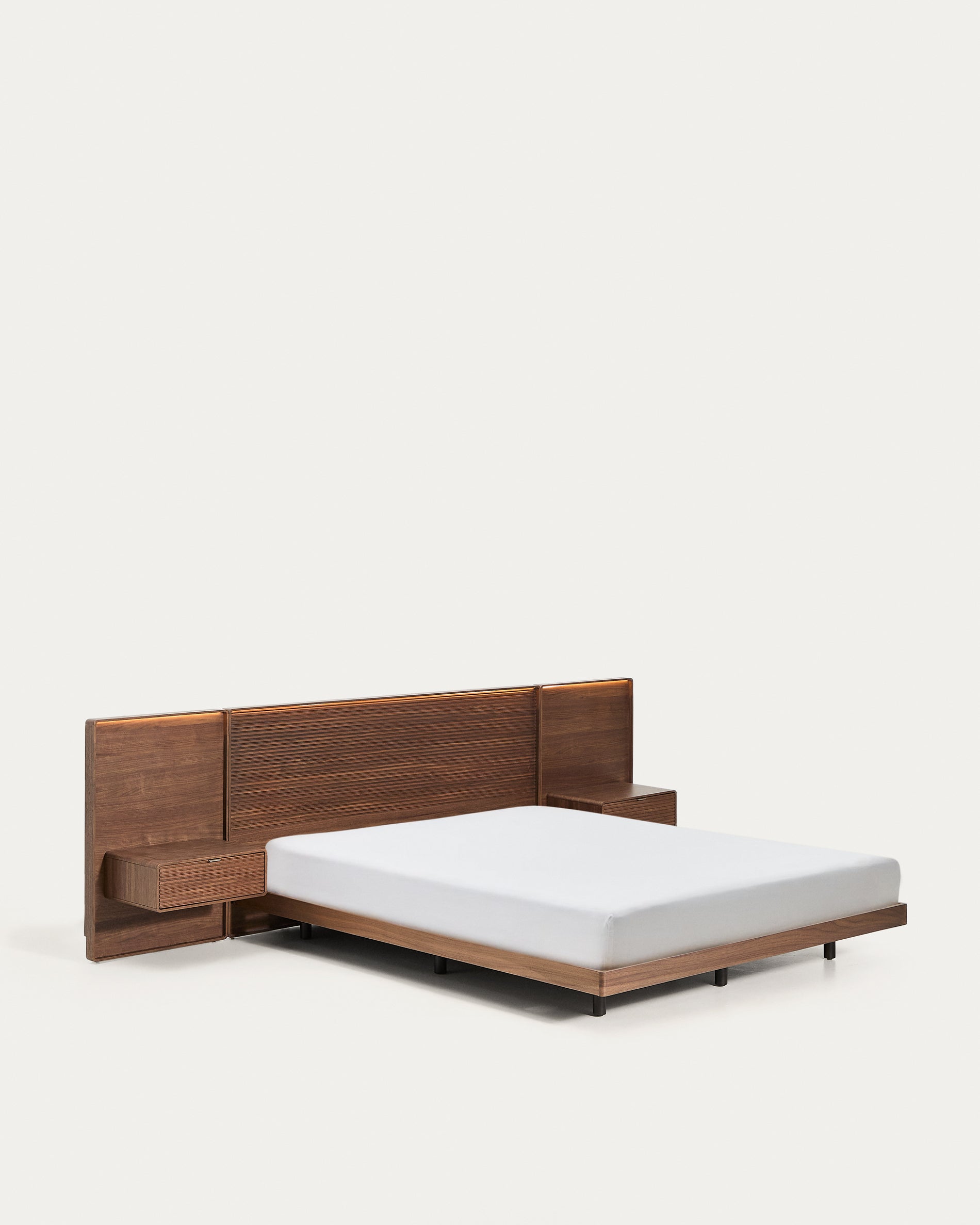 Norlen bed with 2 bedside tables in walnut veneer with dark finish and LED light for 160 x 200cm mattress FSC Mix Credit - Product View