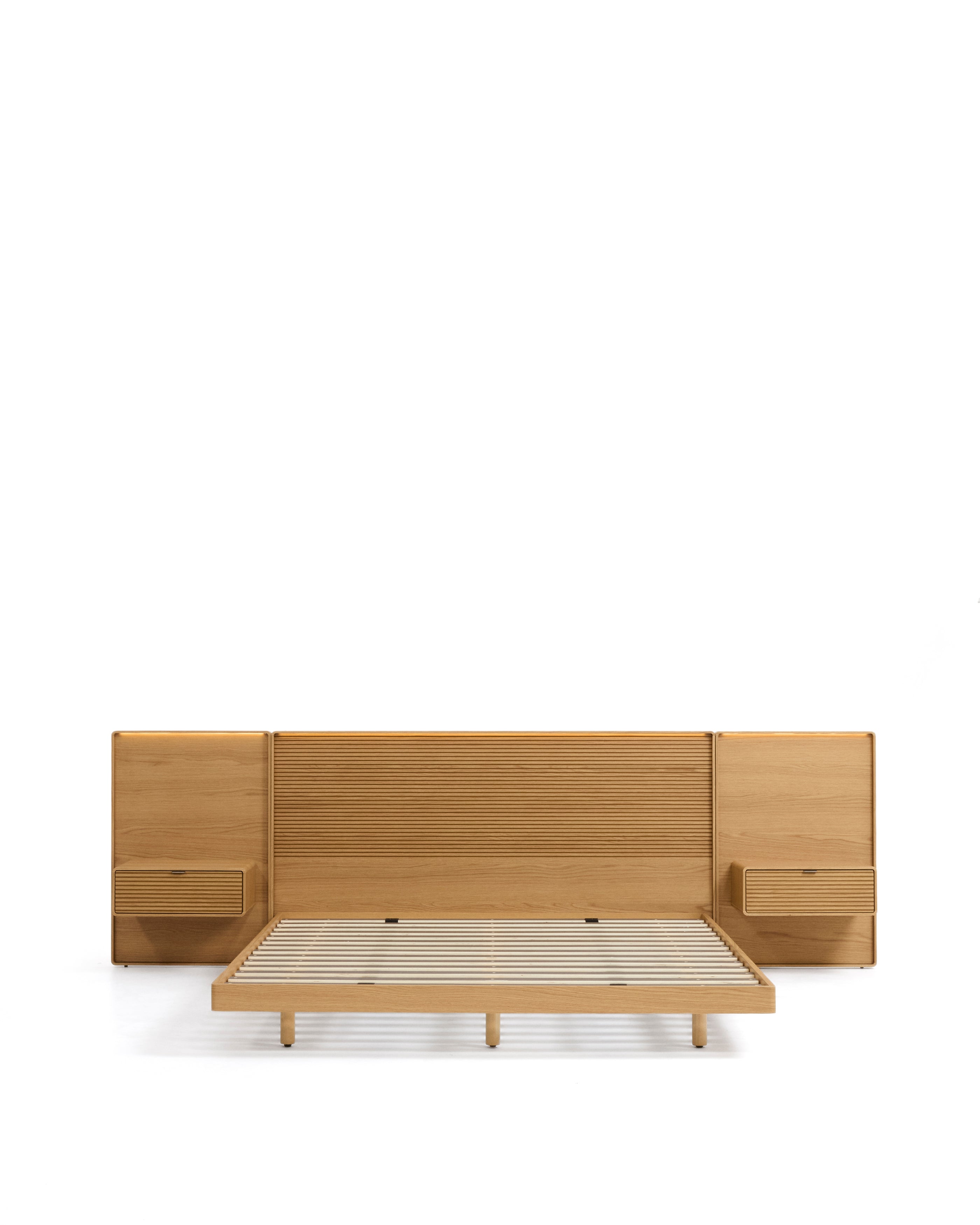 Norlen bed with 2 bedside tables in oak veneer with natural finish and LED light for 160 x 200 cm mattress FSC Mix Credit - Product Image