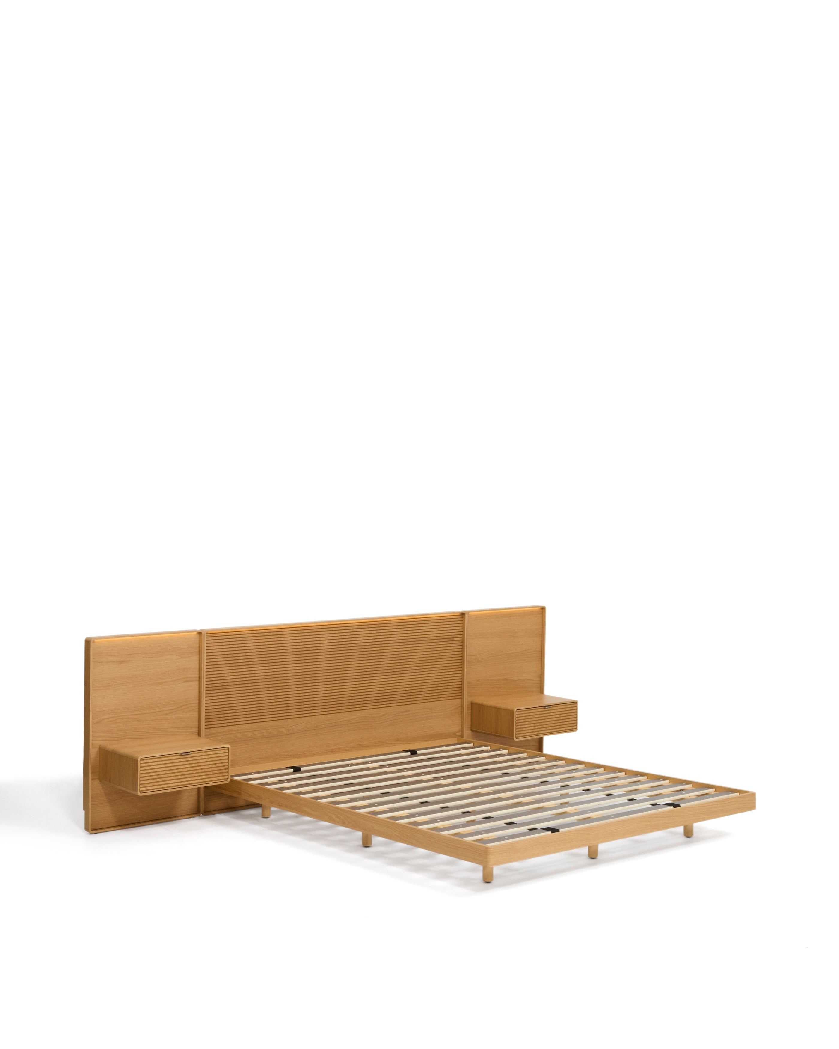 Norlen bed with 2 bedside tables in oak veneer with natural finish and LED light for 160 x 200 cm mattress FSC Mix Credit - Product Image