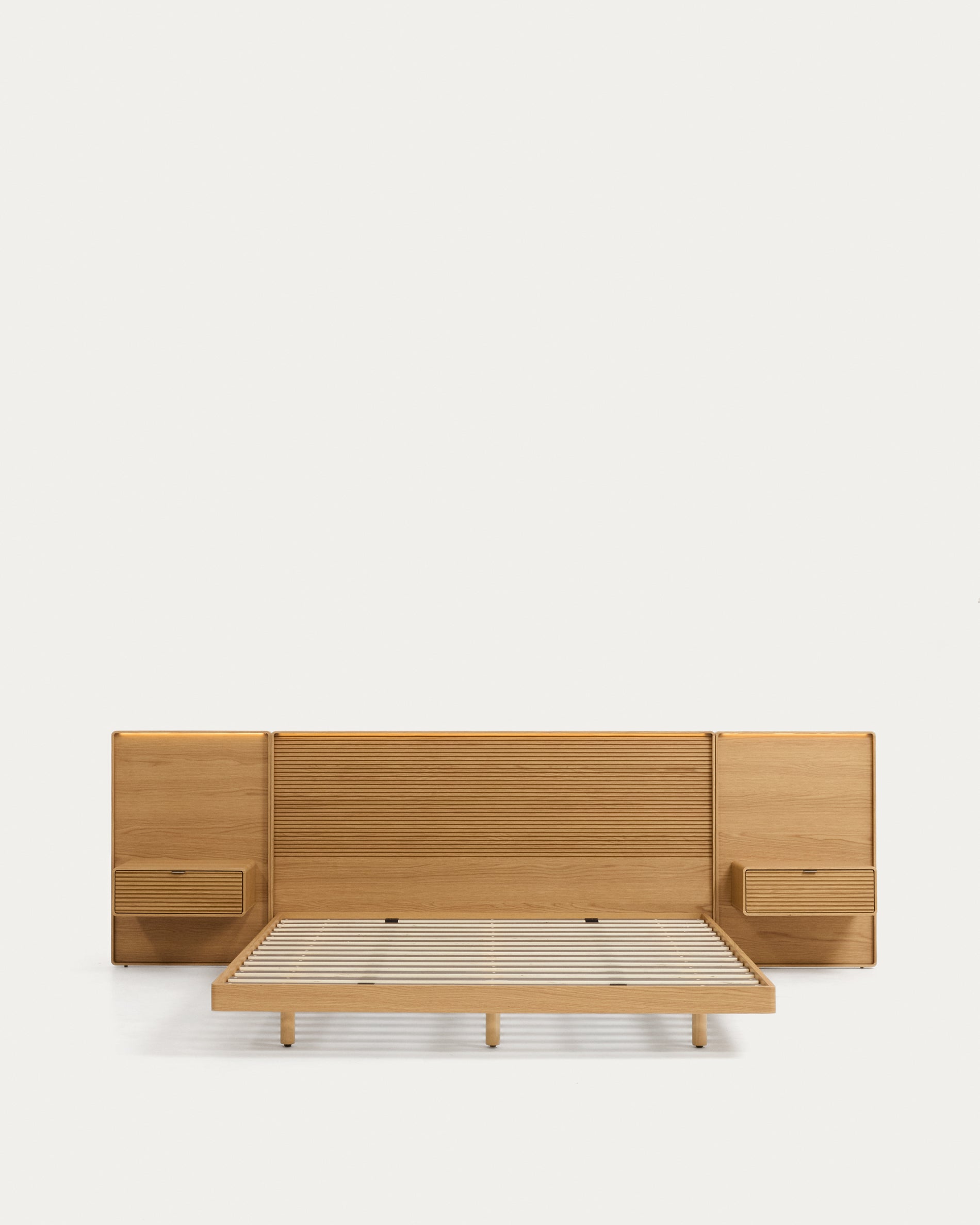 Norlen bed with 2 bedside tables in oak veneer with natural finish and LED light for 160 x 200 cm mattress FSC Mix Credit - Product View