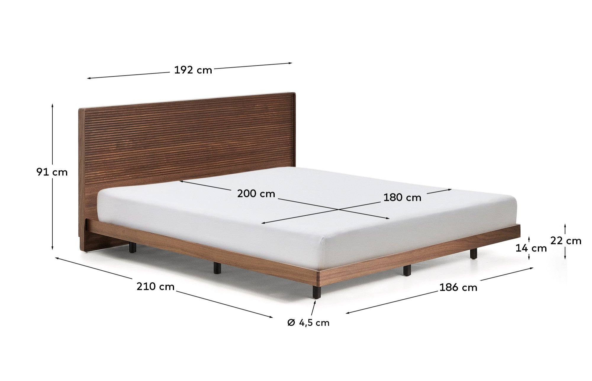 Norlen bed in walnut veneer with dark finish and LED light for 180 x 200 cm mattress FSC Mix Credit - Measurements