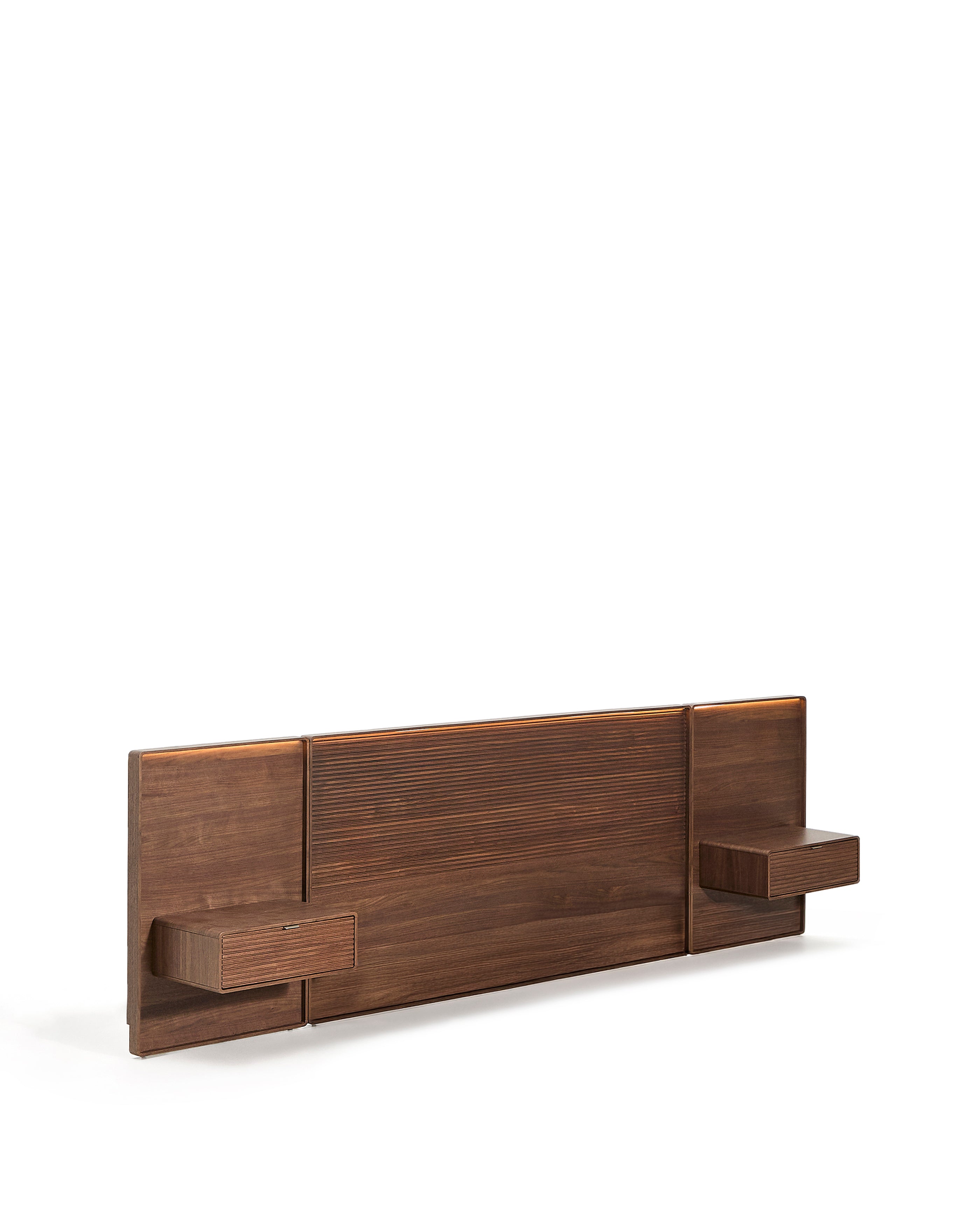 Norlen headboard with 2 bedside tables in walnut veneer with a dark finish and LED light for beds up to 160cm FSC Mix Credit - Product Image