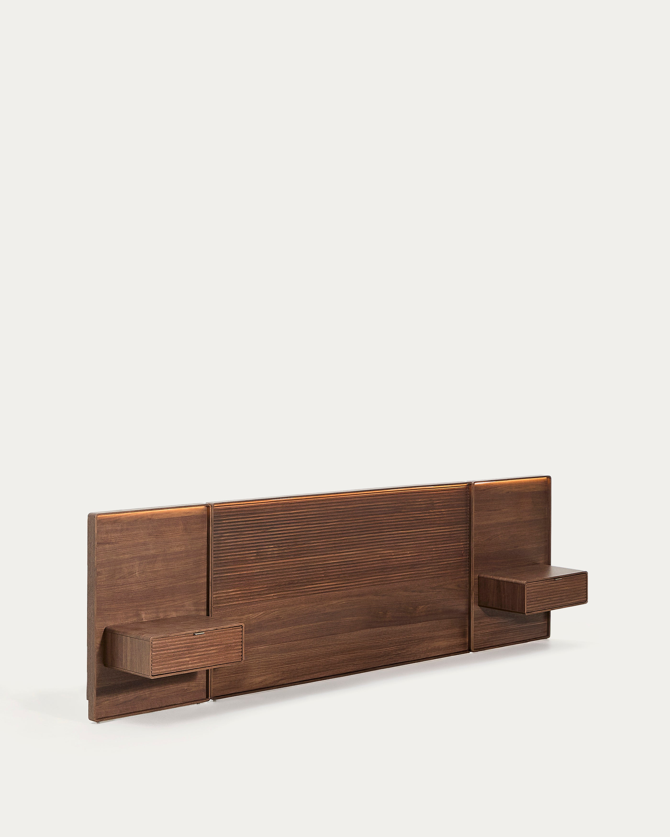 Norlen headboard with 2 bedside tables in walnut veneer with a dark finish and LED light for beds up to 160cm FSC Mix Credit - Product View