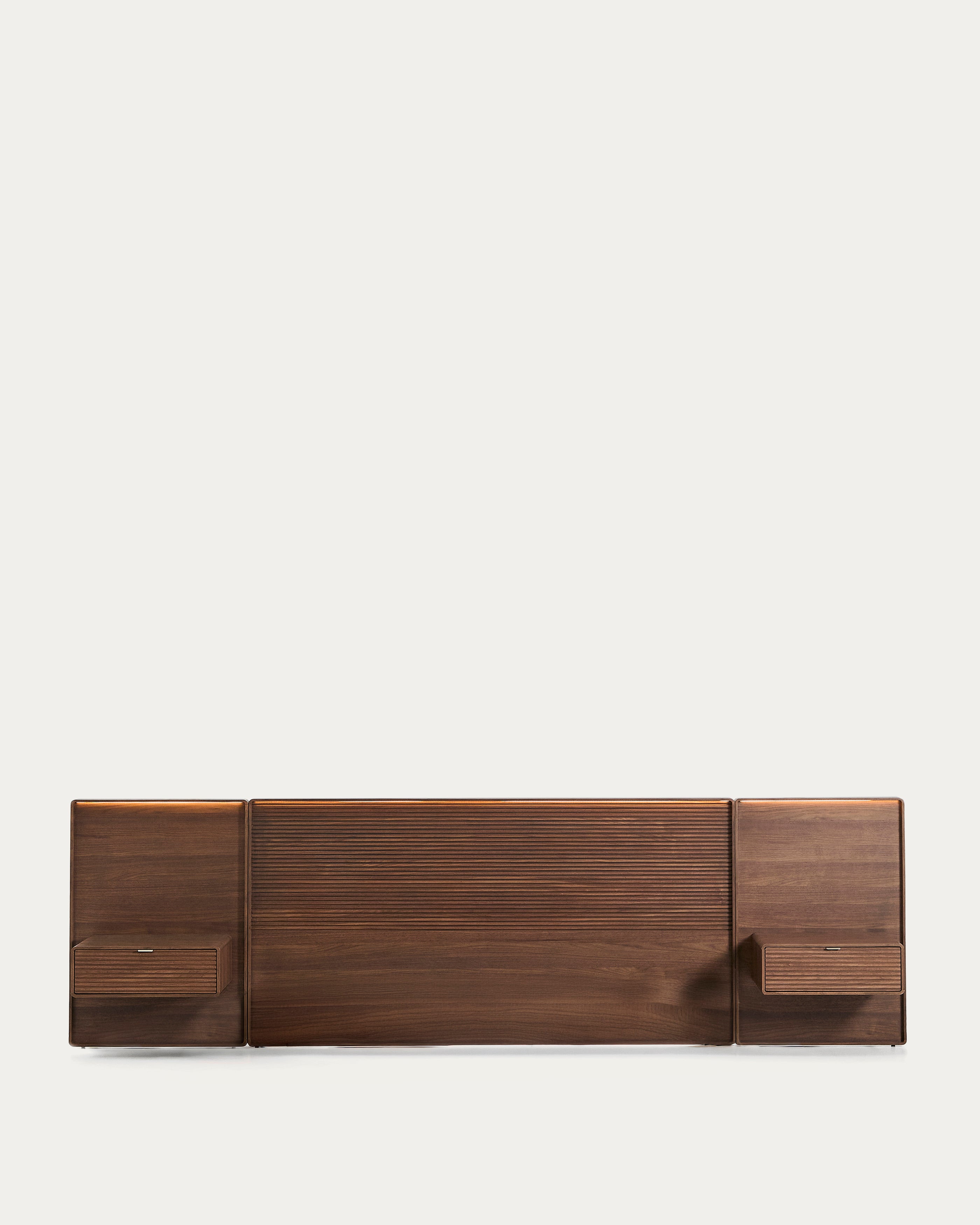 Norlen headboard with 2 bedside tables in walnut veneer with a dark finish and LED light for beds up to 180cm FSC Mix Credit - Product View