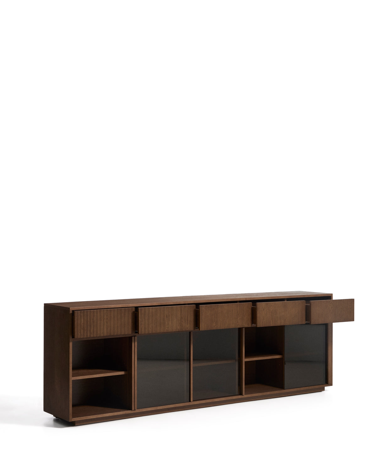 Helvine 5-door, 5-drawer sideboard in ash veneer with walnut finish and tempered glass 242 x 80cm FSC 100% - Product Image