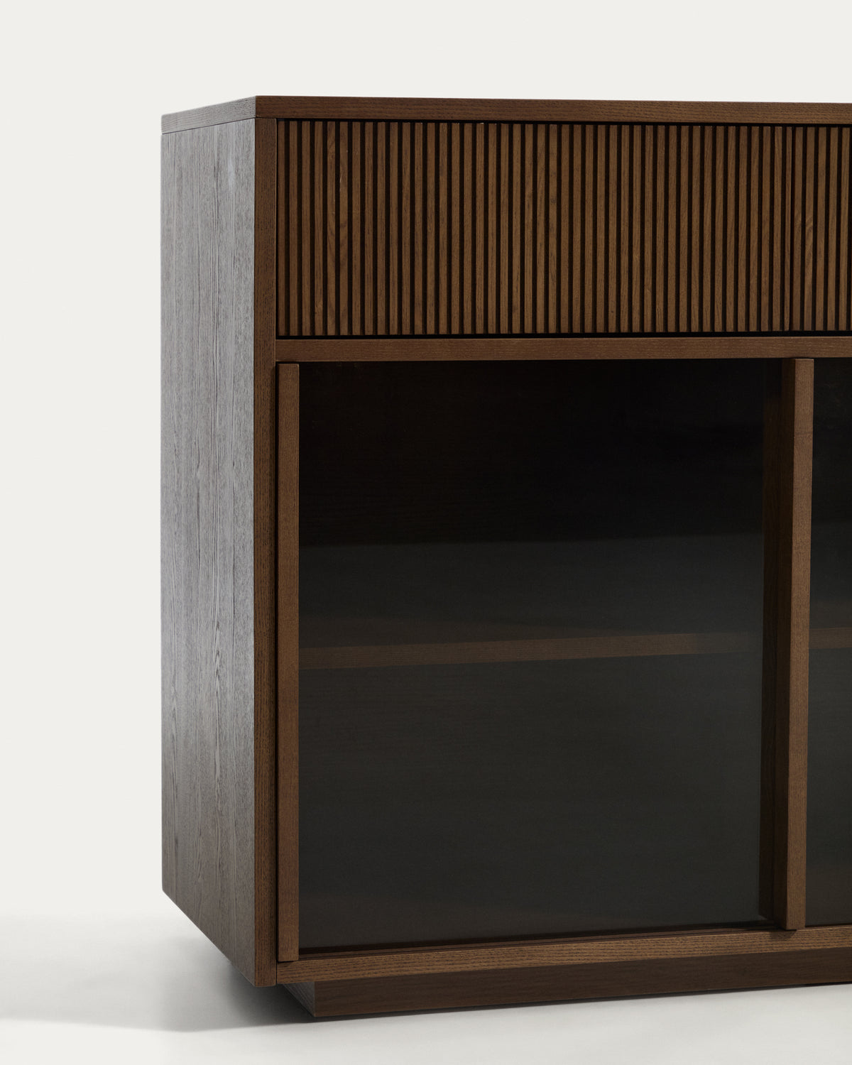 Helvine 5-door, 5-drawer sideboard in ash veneer with walnut finish and tempered glass 242 x 80cm FSC 100% - Detail