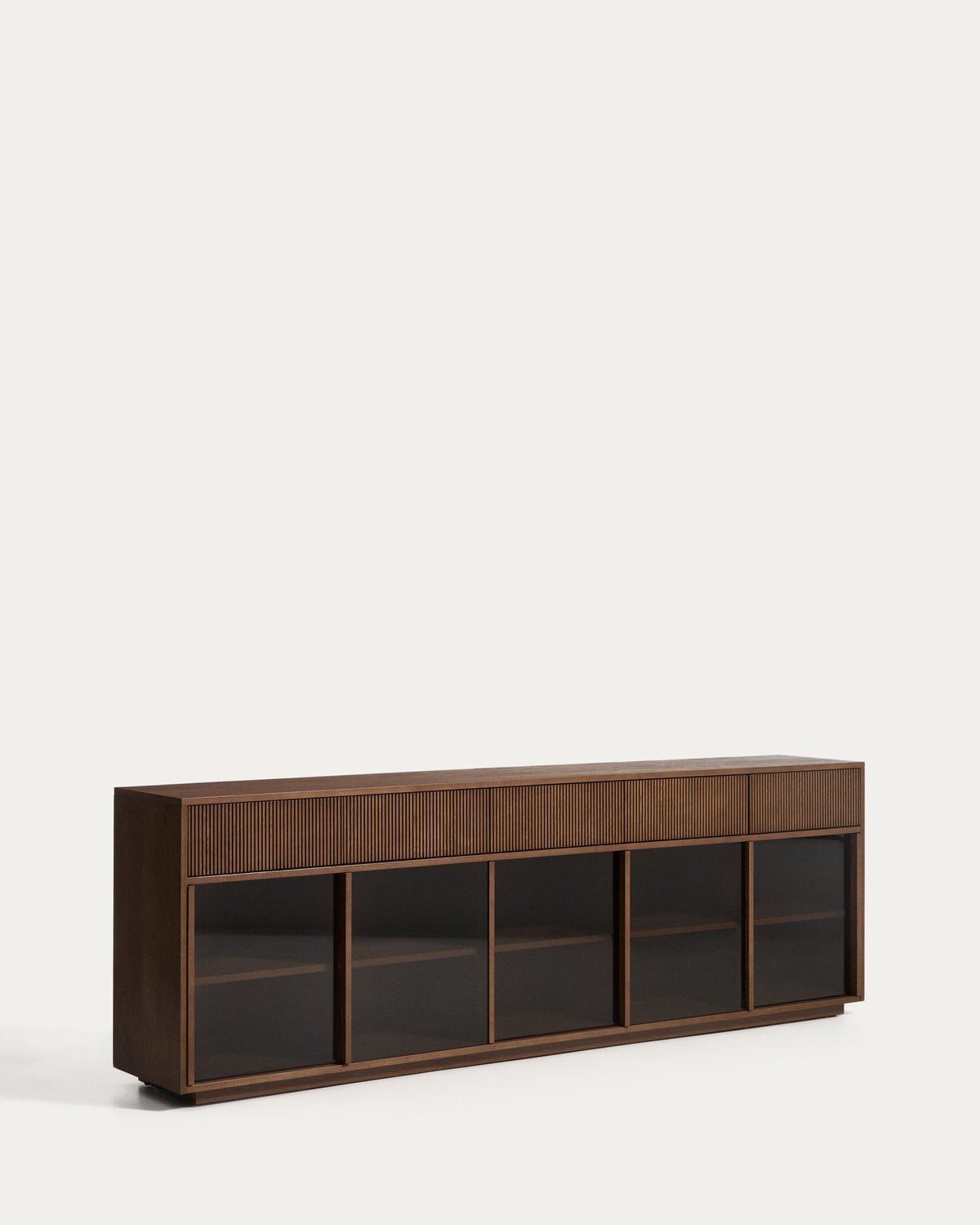 Helvine 5-door, 5-drawer sideboard in ash veneer with walnut finish and tempered glass 242 x 80cm FSC 100% - Product View