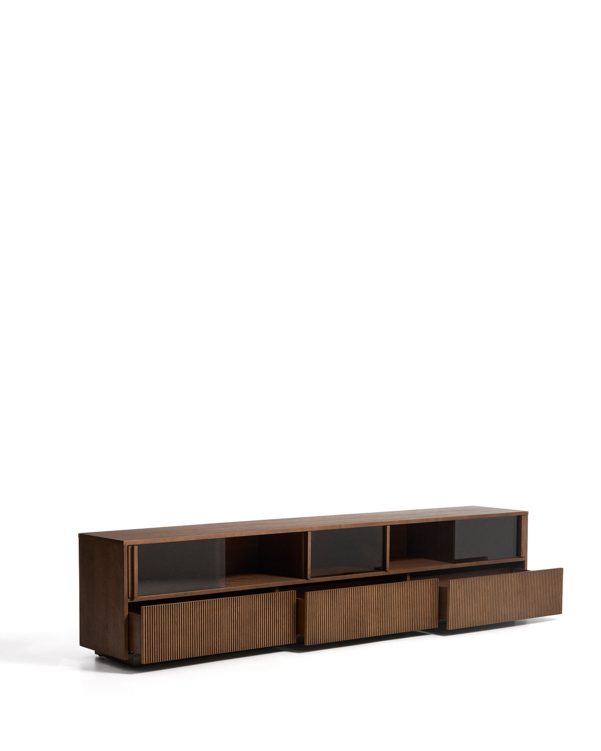 Helvine 4-drawer TV stand in ash veneer with walnut finish 242 x 53.5cm FSC 100% - Product Image