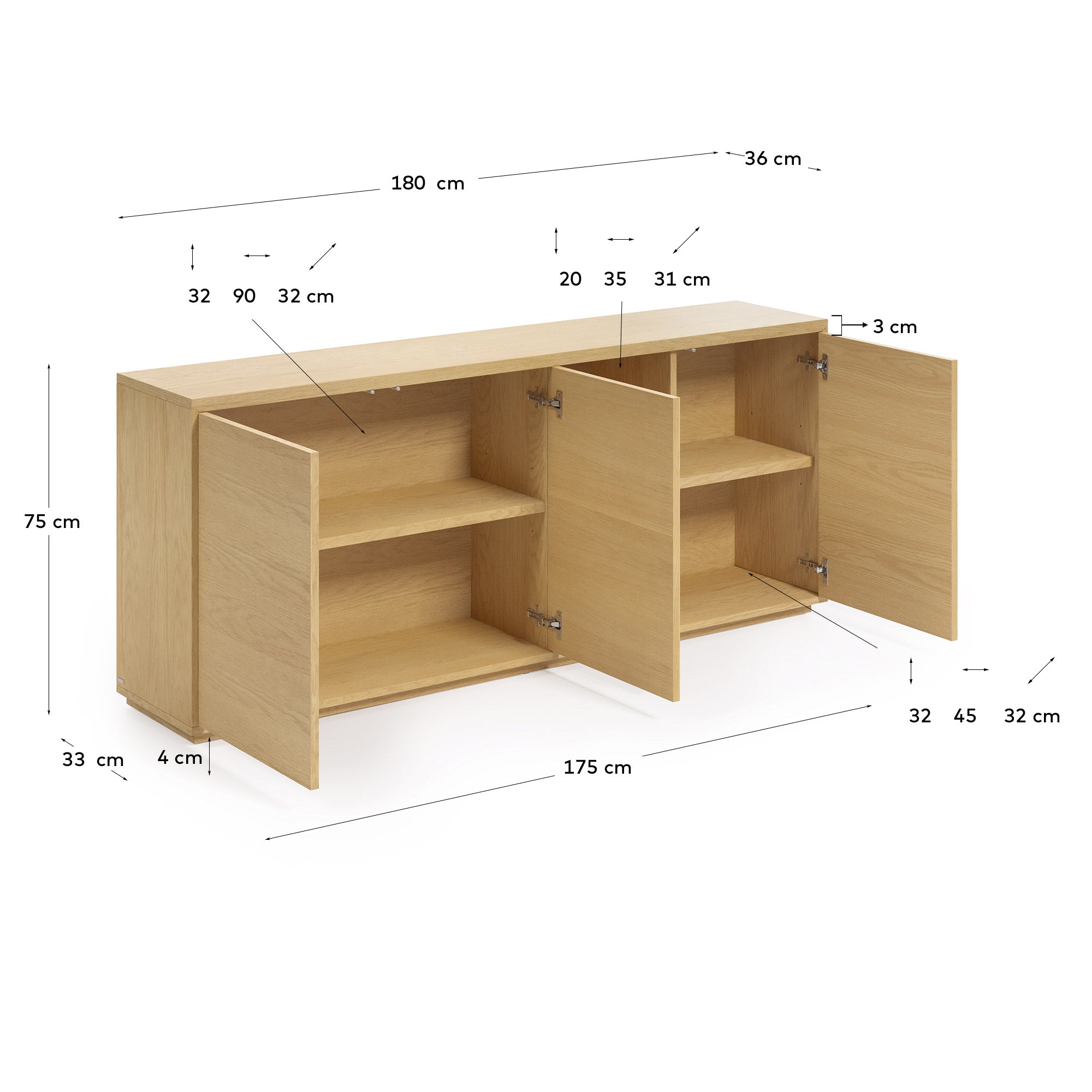 Abilen oak wood veneer 3 door sideboard, 180 x 75 cm FSC 100% - Measurements