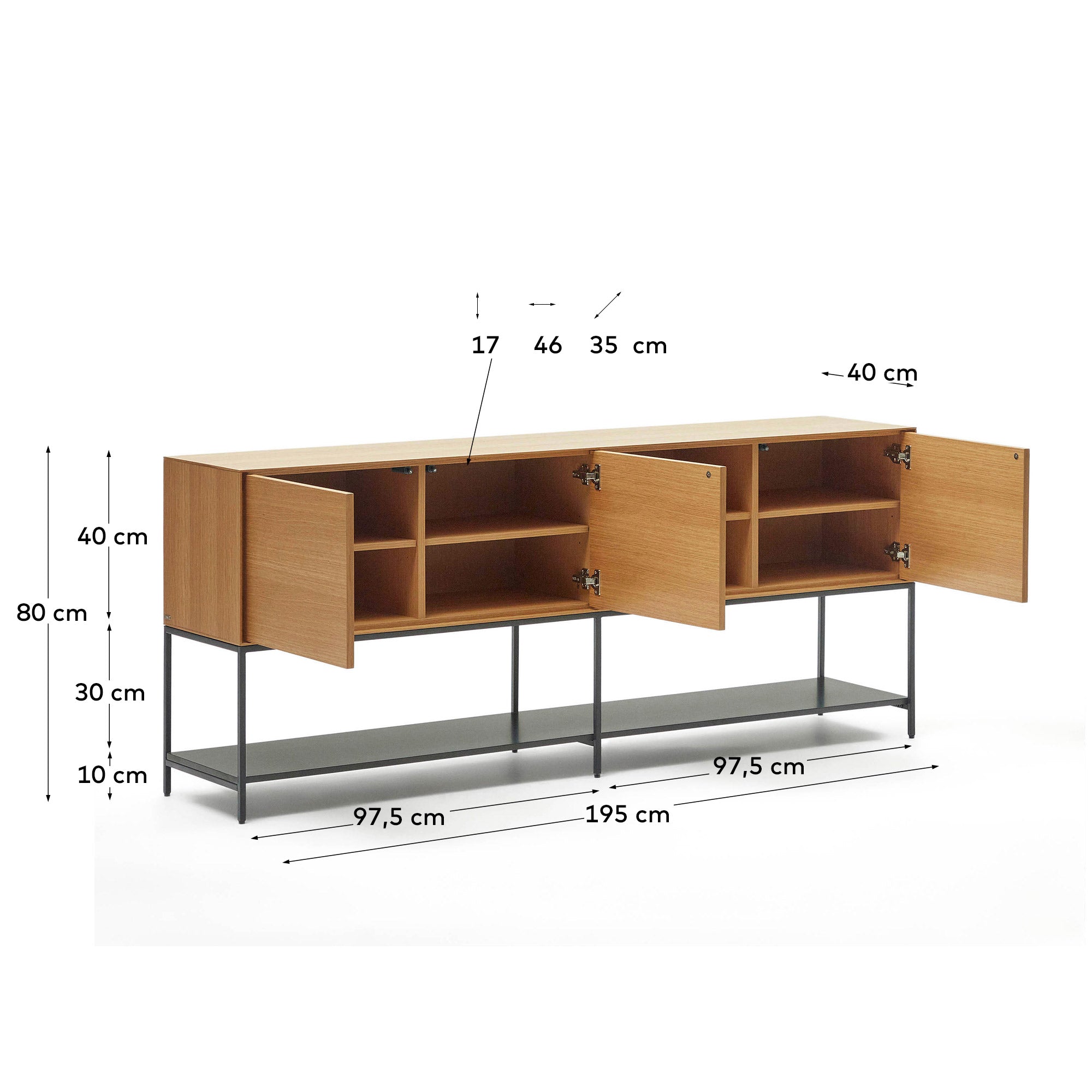 Vedrana 3 door sideboard in oak veneer with steel legs, 195 x 80 cm - Measurements