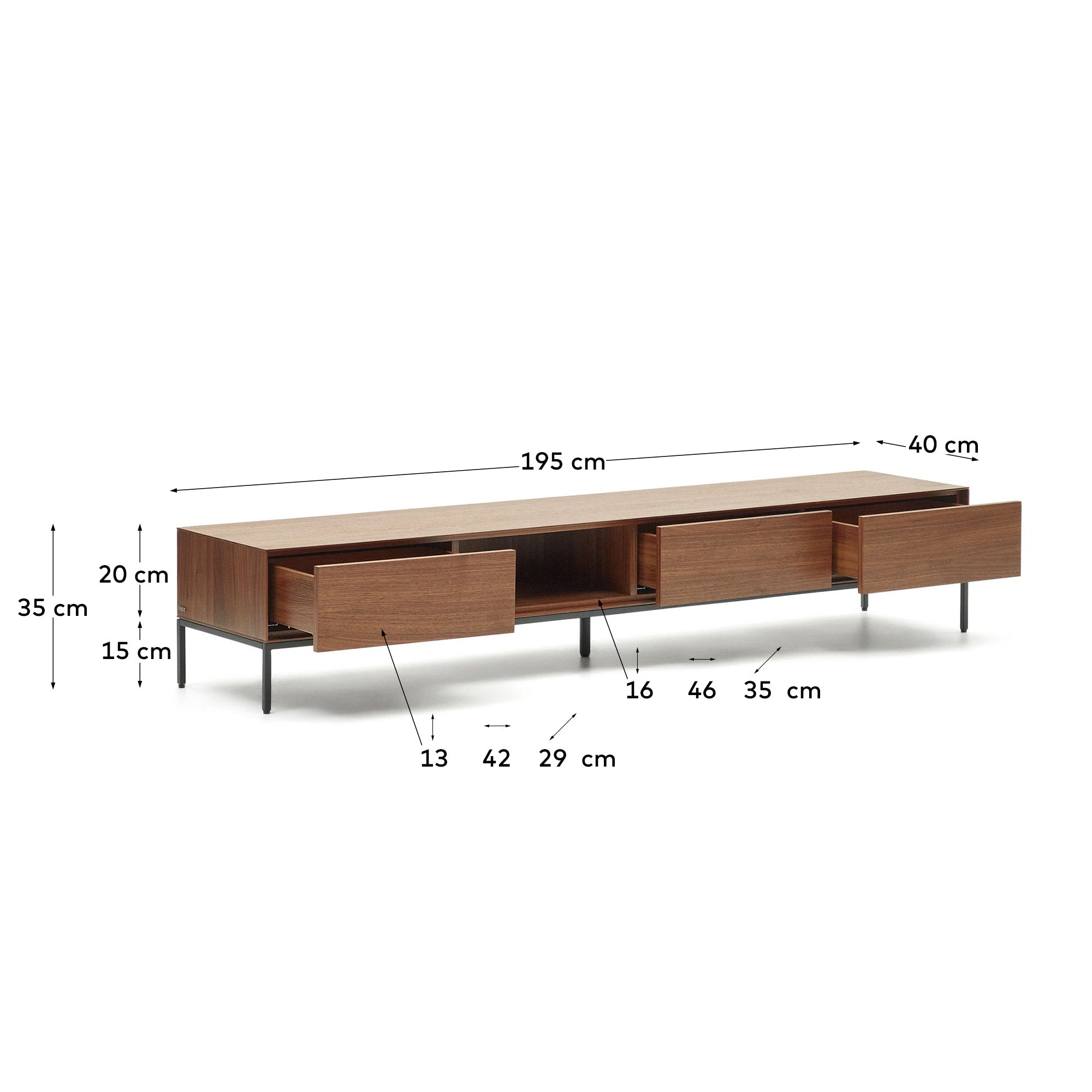 Vedrana 3 drawer TV stand in walnut veneer with black steel legs, 195 x 35 cm - Measurements