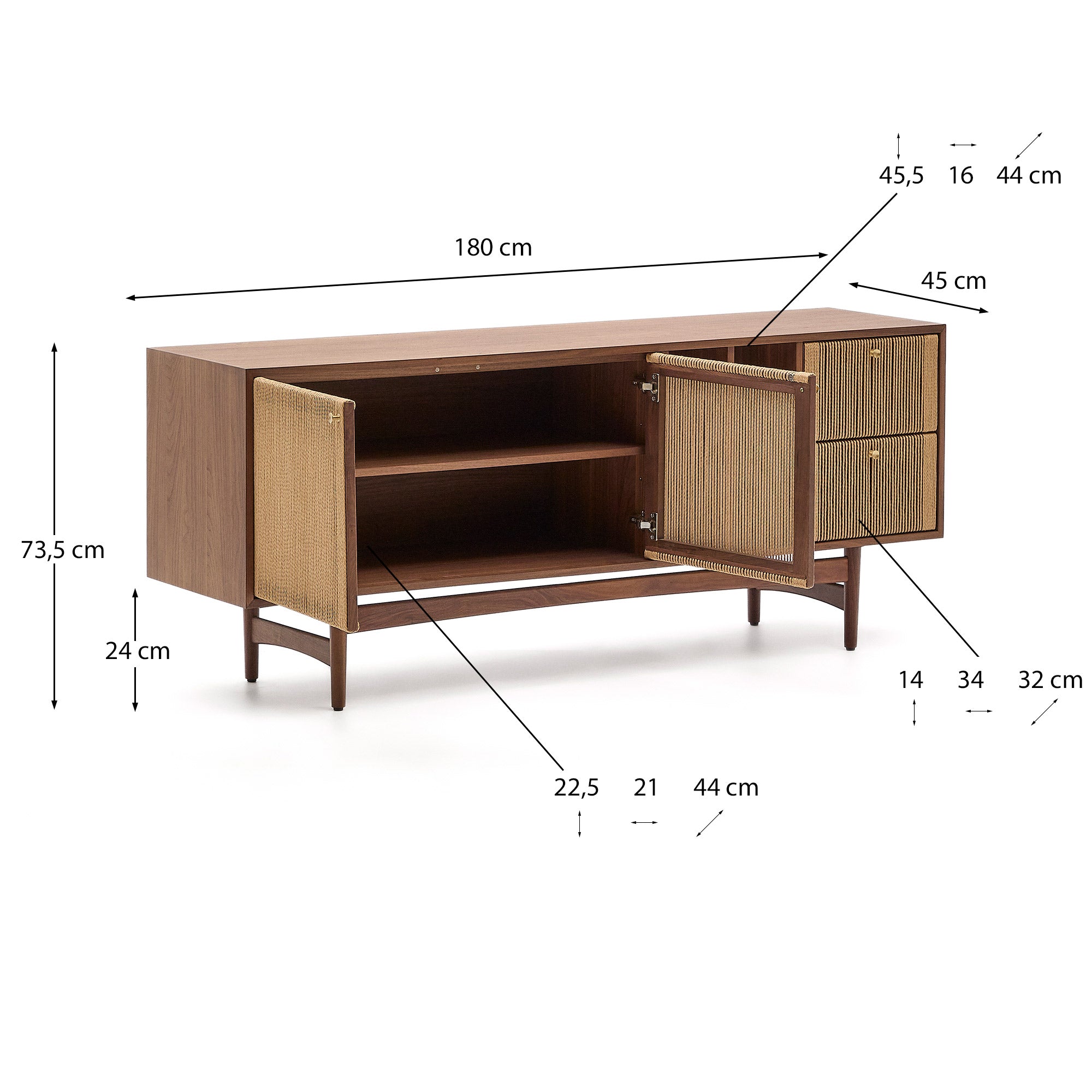 Elan sideboard 2 doors and 2 drawers veneer and solid walnut and cord 180x73cm FSC Mix Credit - Measurements