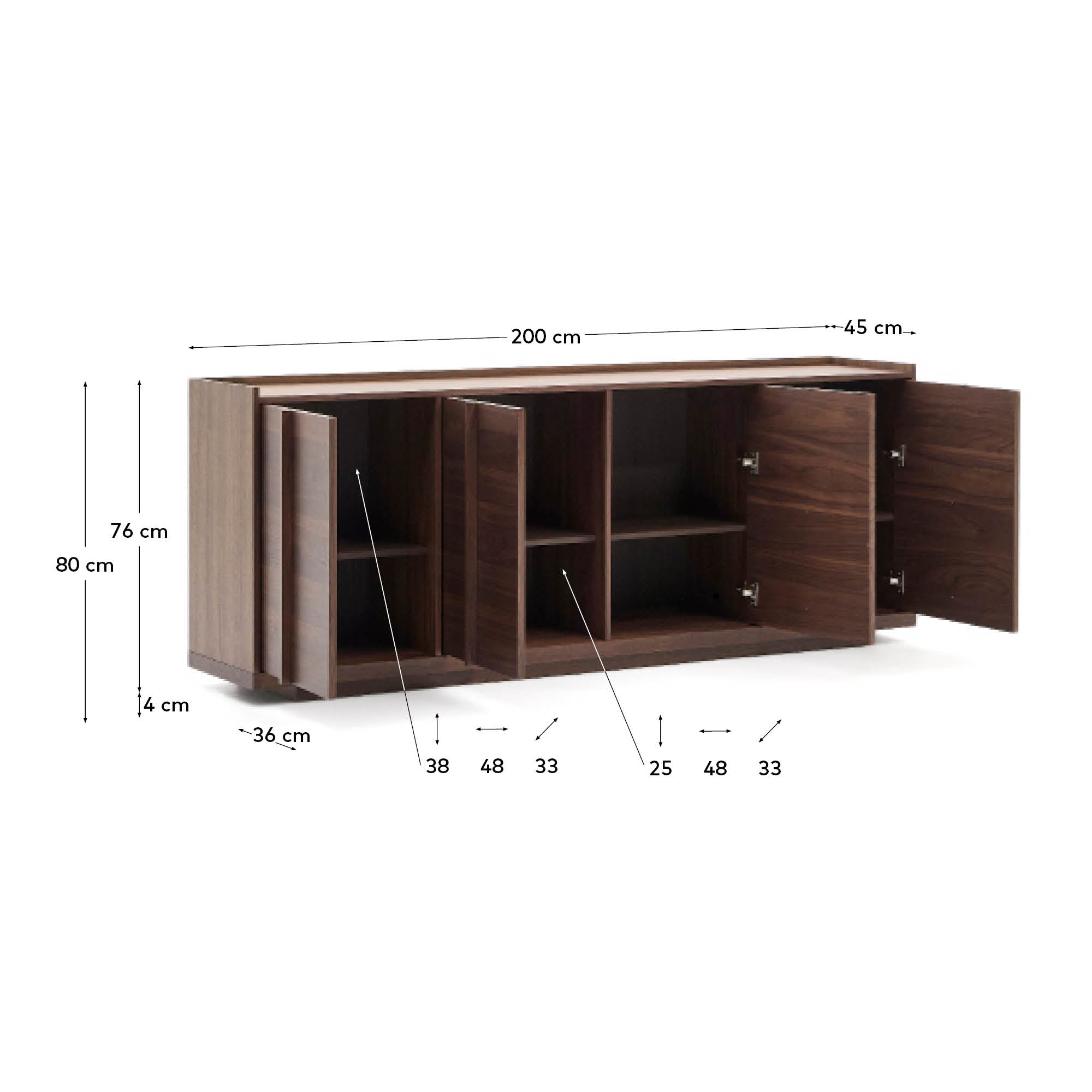 Onix sideboard with a walnut veneer in a dark finish, 200 x 80 cm FSC Mix Credit - Measurements