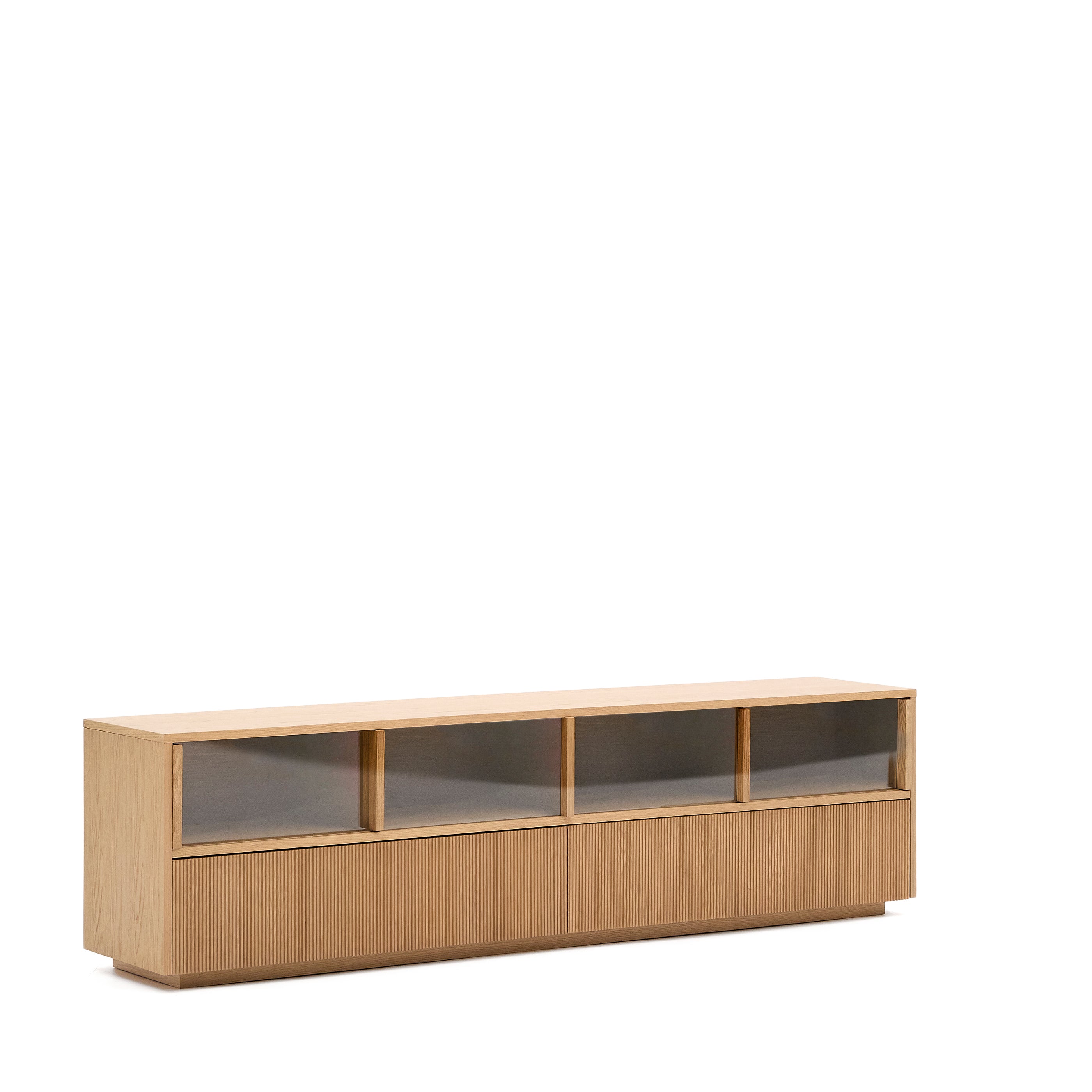 Helvine TV stand 4 doors and 2 drawers oak veneer and tempered glass, 200 x 54 cm FSC 100% - Product Image