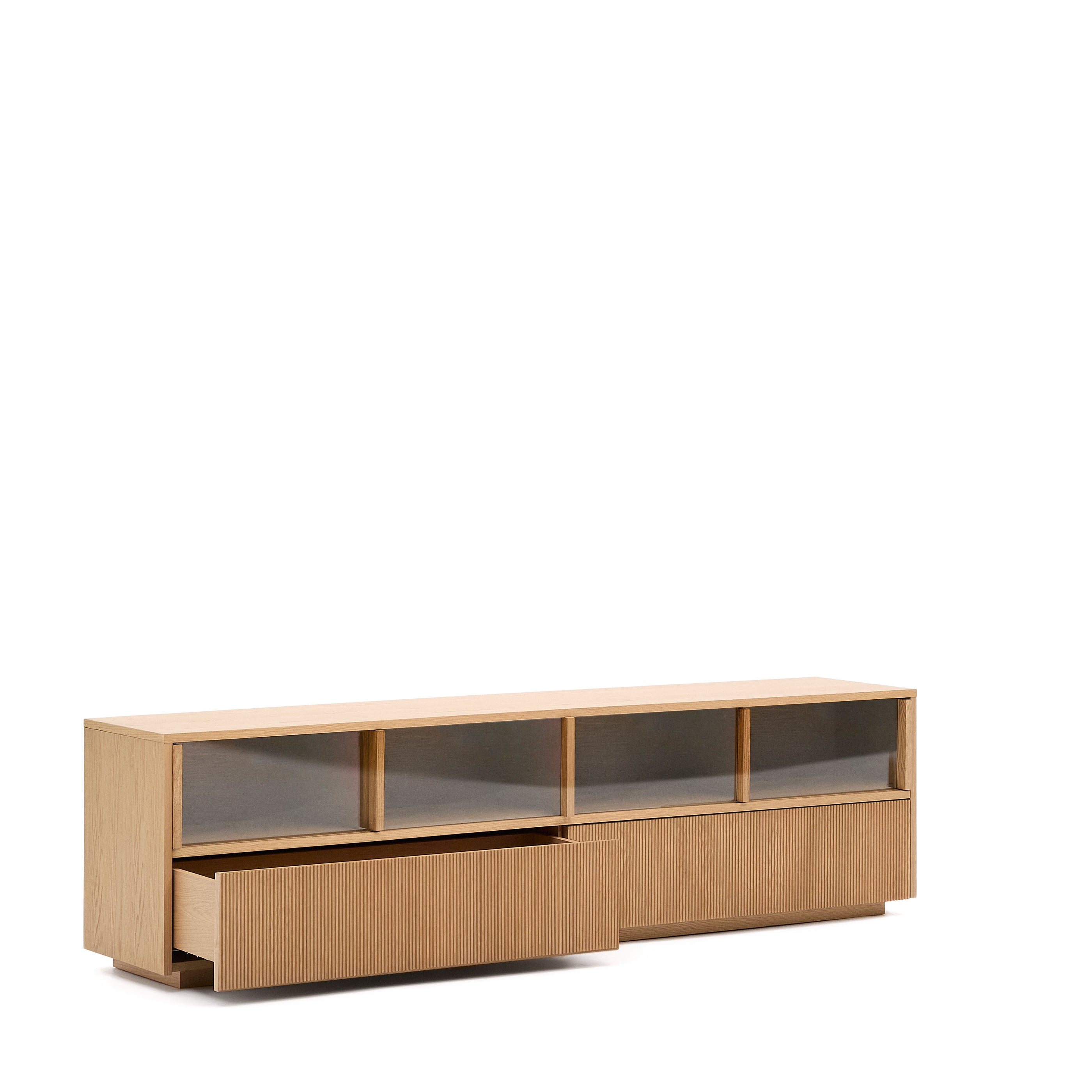 Helvine TV stand 4 doors and 2 drawers oak veneer and tempered glass, 200 x 54 cm FSC 100% - Product Image