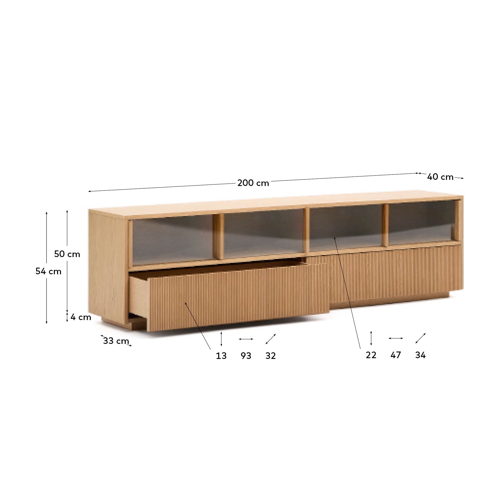 Helvine TV stand 4 doors and 2 drawers oak veneer and tempered glass, 200 x 54 cm FSC 100% - Measurements