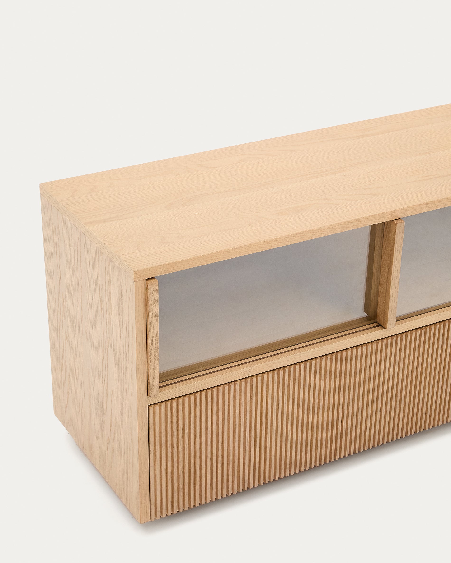 Helvine TV stand 4 doors and 2 drawers oak veneer and tempered glass, 200 x 54 cm FSC 100% - Detail