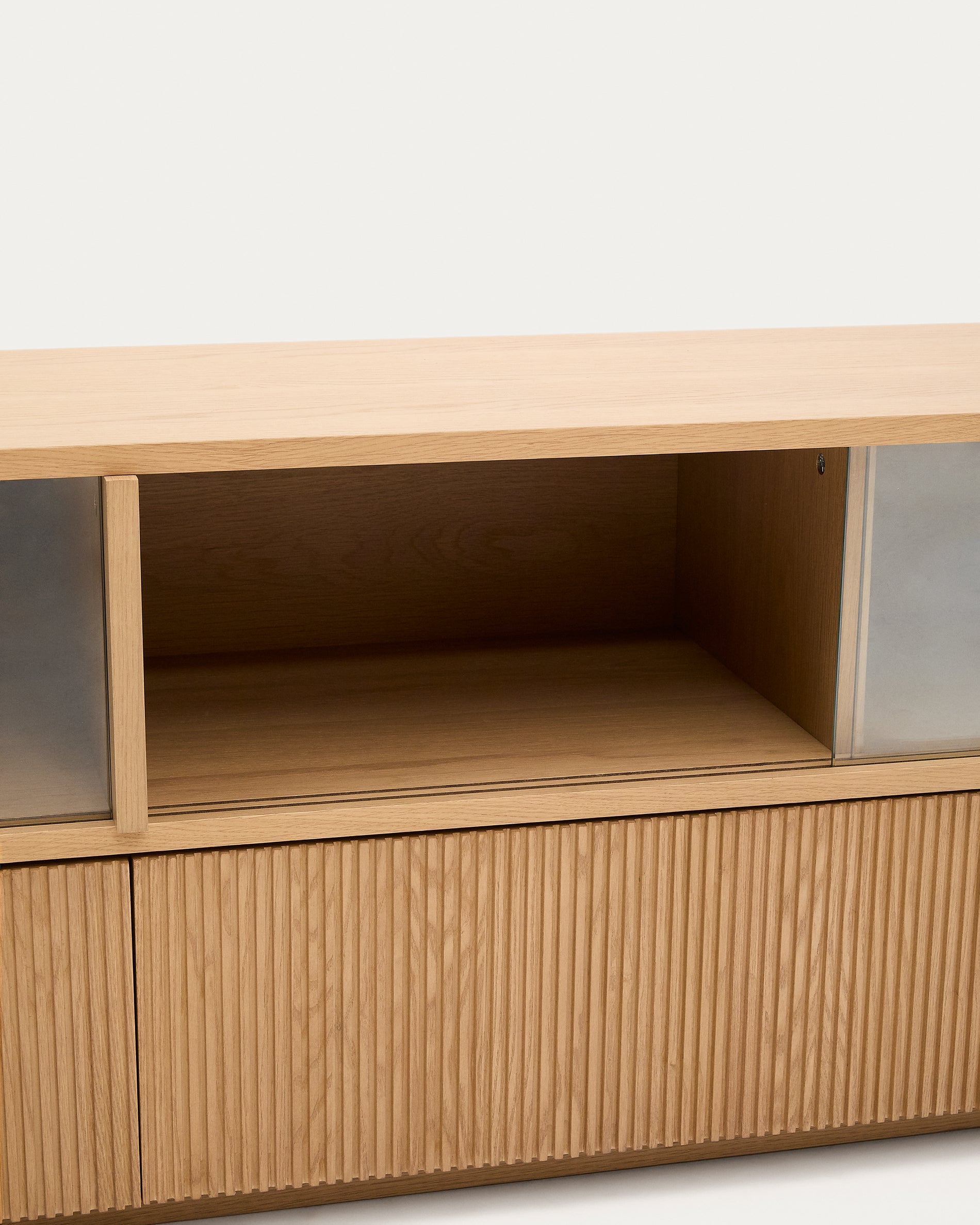Helvine TV stand 4 doors and 2 drawers oak veneer and tempered glass, 200 x 54 cm FSC 100% - Detail