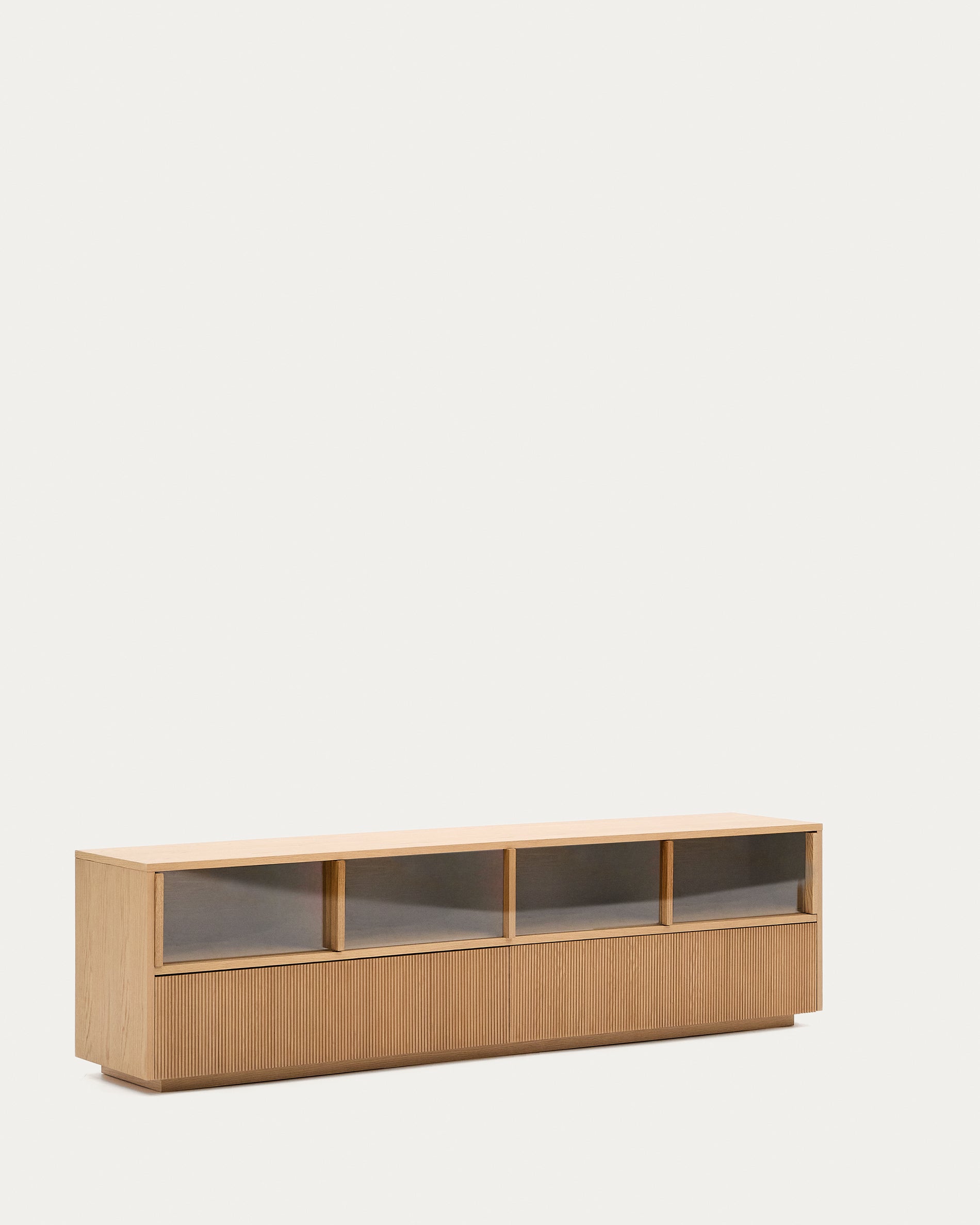 Helvine TV stand 4 doors and 2 drawers oak veneer and tempered glass, 200 x 54 cm FSC 100% - Product View