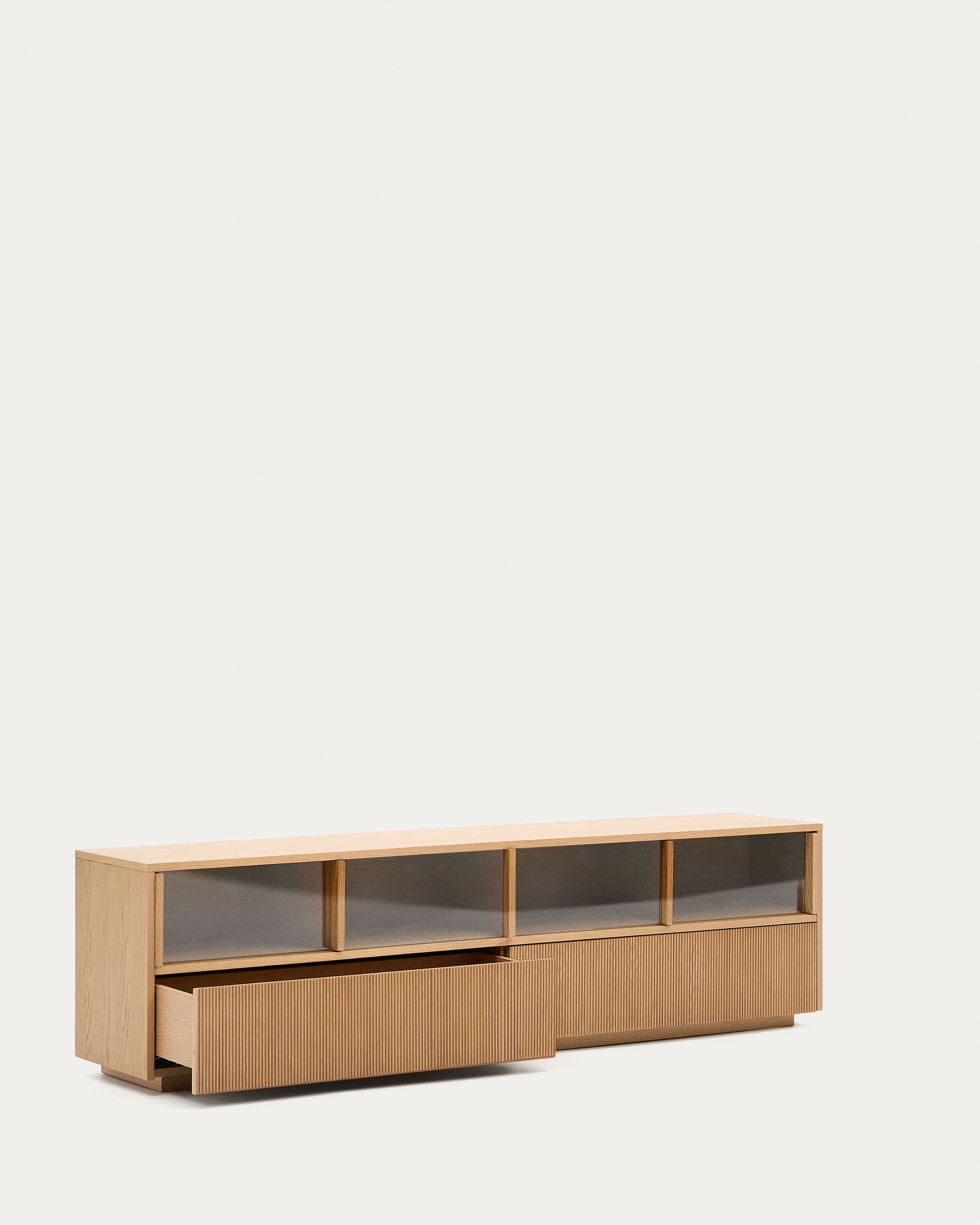 Helvine TV stand 4 doors and 2 drawers oak veneer and tempered glass, 200 x 54 cm FSC 100% - Product View