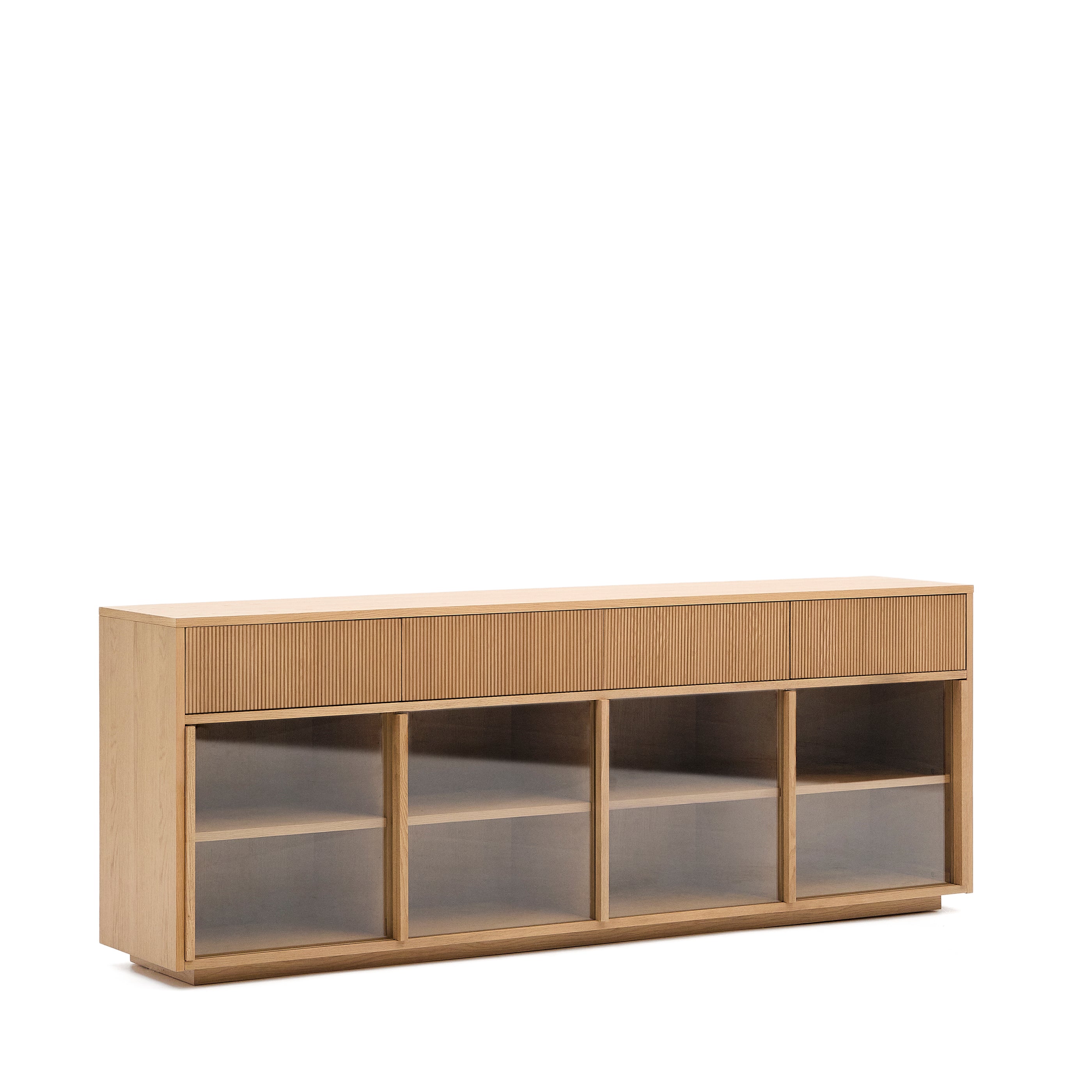 Helvine sideboard 4 doors and 4 drawers oak veneer and tempered glass, 200 x 80cm FSC 100% - Product Image