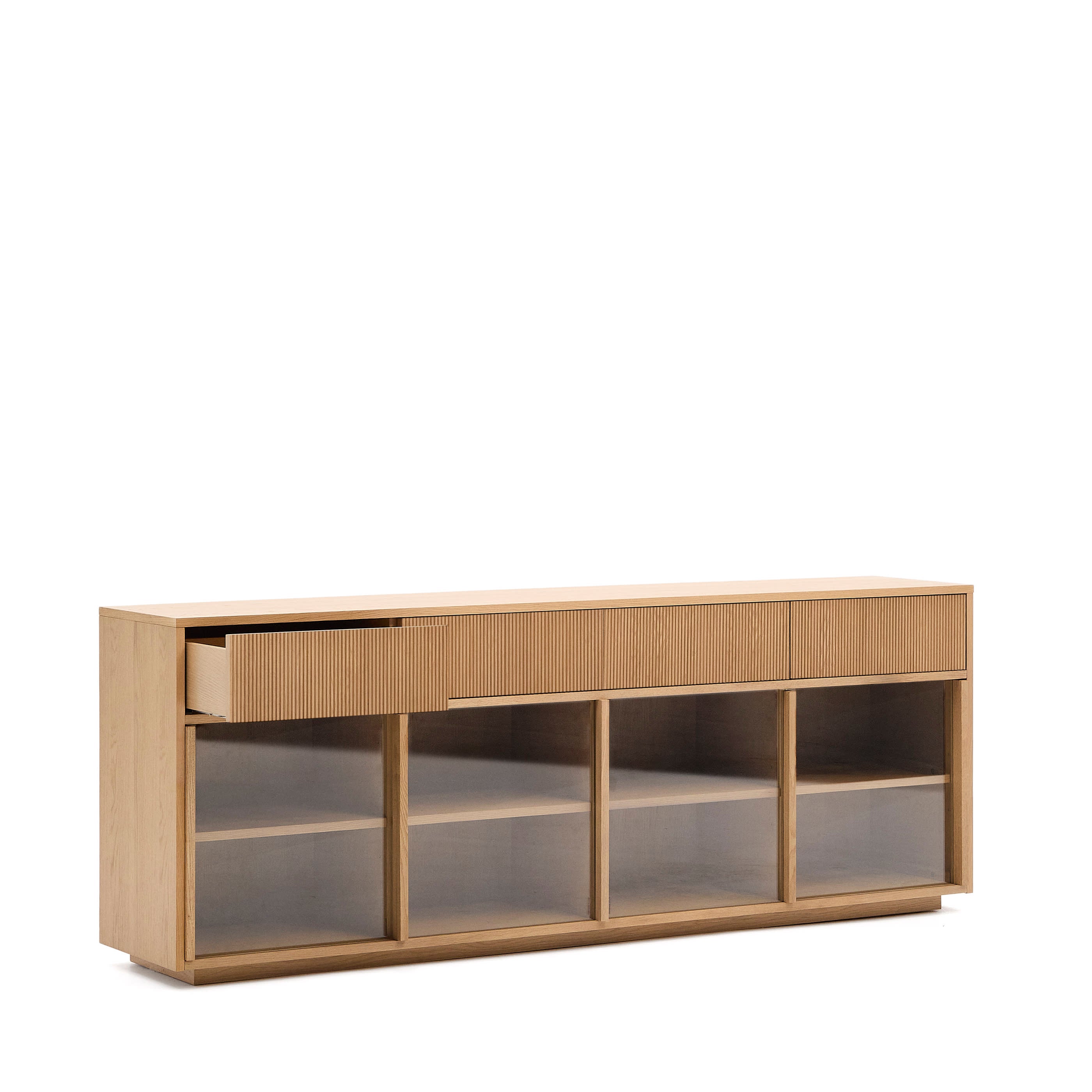 Helvine sideboard with 2 doors and 4 drawers, oak veneer and tempered glass, 200 x 75cm FSC 100%