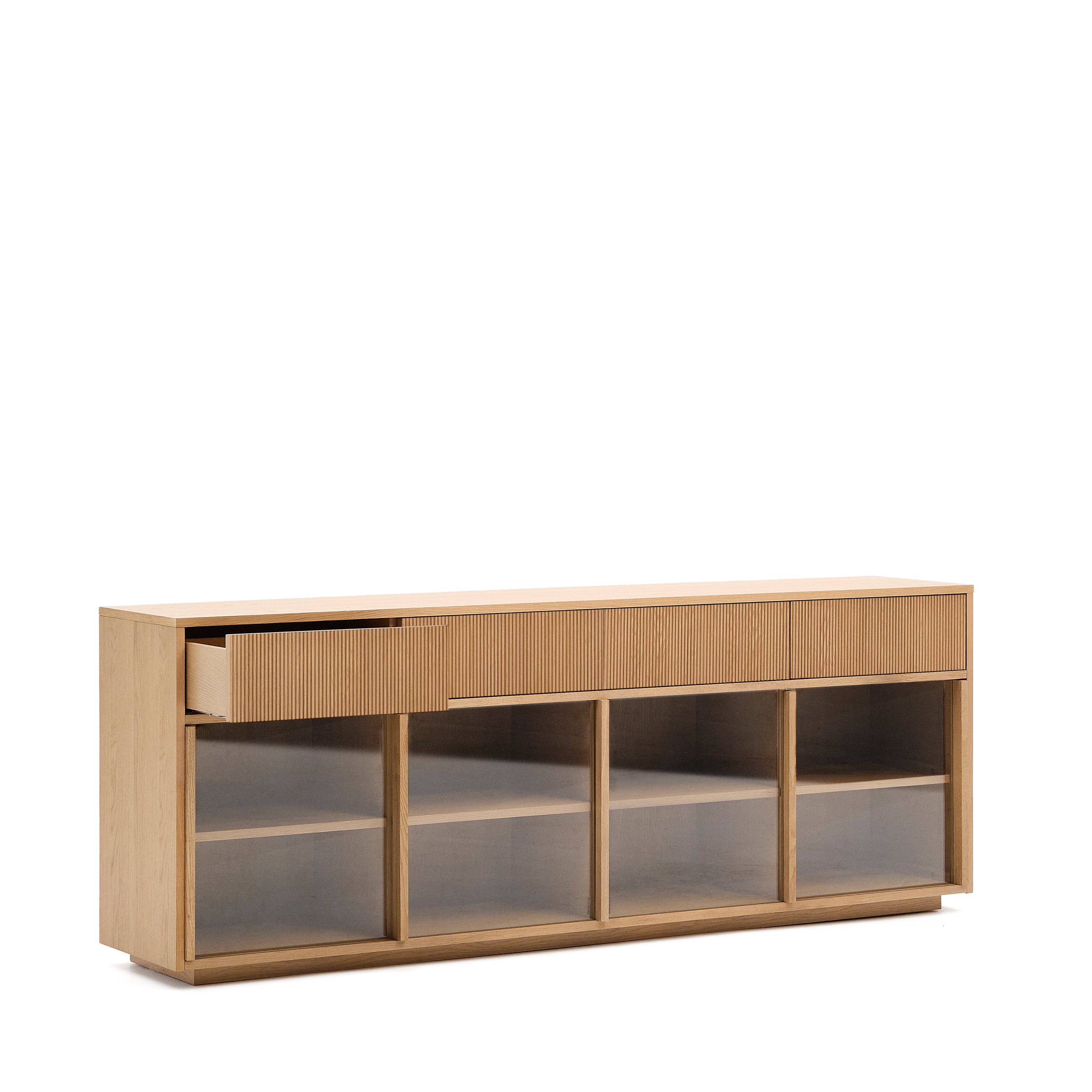 Helvine sideboard 4 doors and 4 drawers oak veneer and tempered glass, 200 x 80cm FSC 100% - Product Image