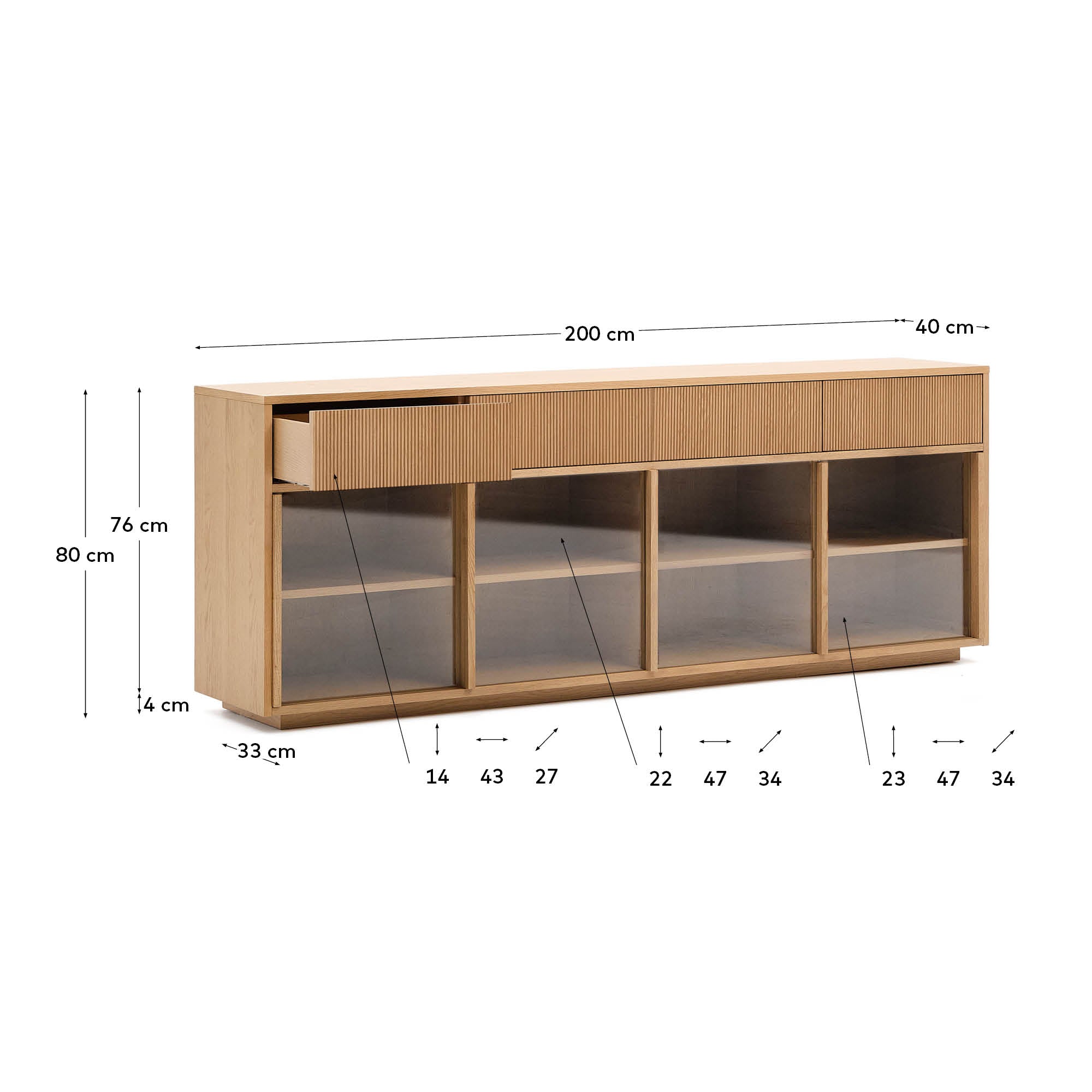 Helvine sideboard 4 doors and 4 drawers oak veneer and tempered glass, 200 x 80cm FSC 100% - Measurements