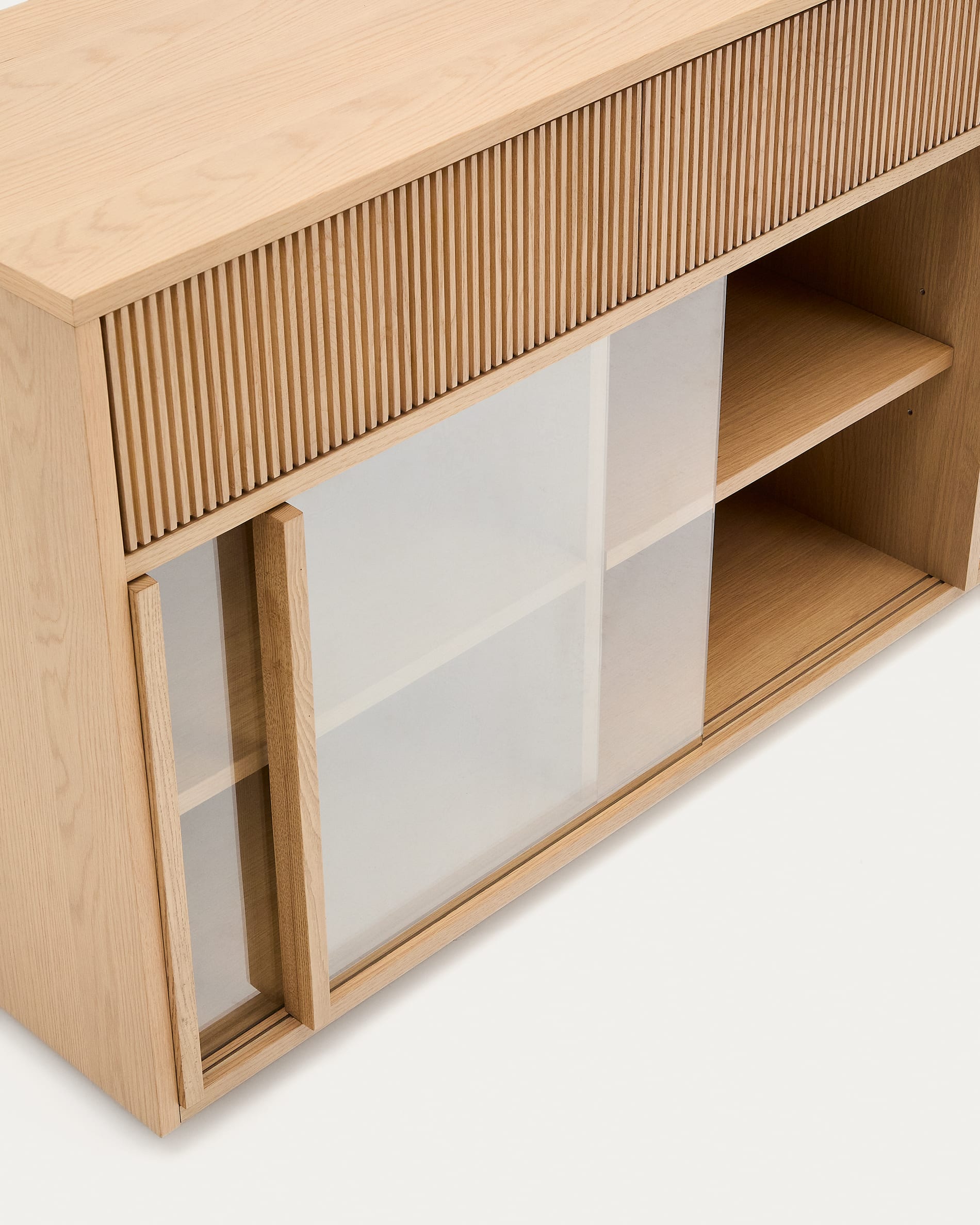 Helvine sideboard with 2 doors and 4 drawers, oak veneer and tempered glass, 200 x 75cm FSC 100%