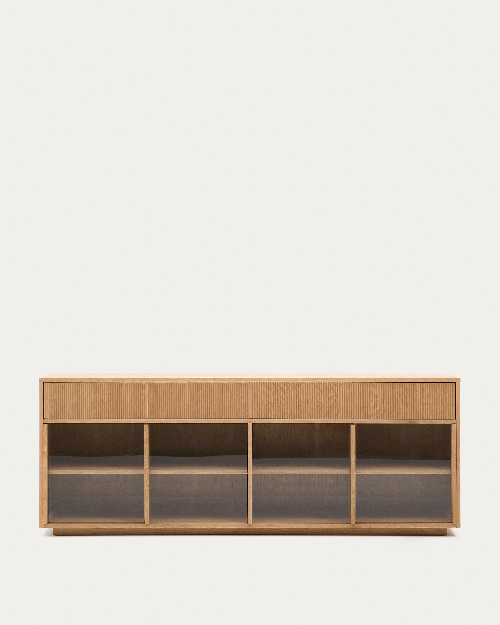 Helvine sideboard with 2 doors and 4 drawers, oak veneer and tempered glass, 200 x 75cm FSC 100%