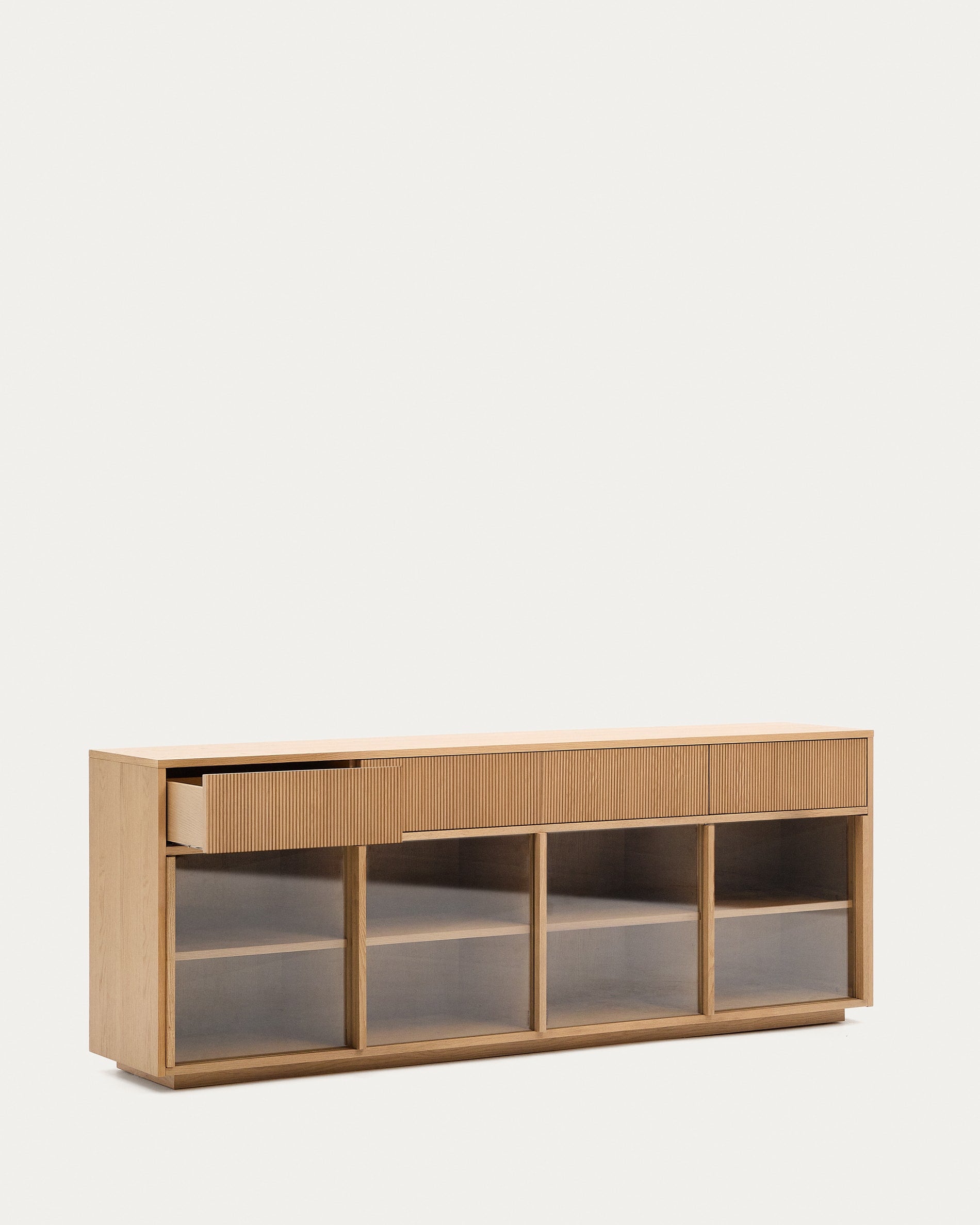 Helvine sideboard with 2 doors and 4 drawers, oak veneer and tempered glass, 200 x 75cm FSC 100%