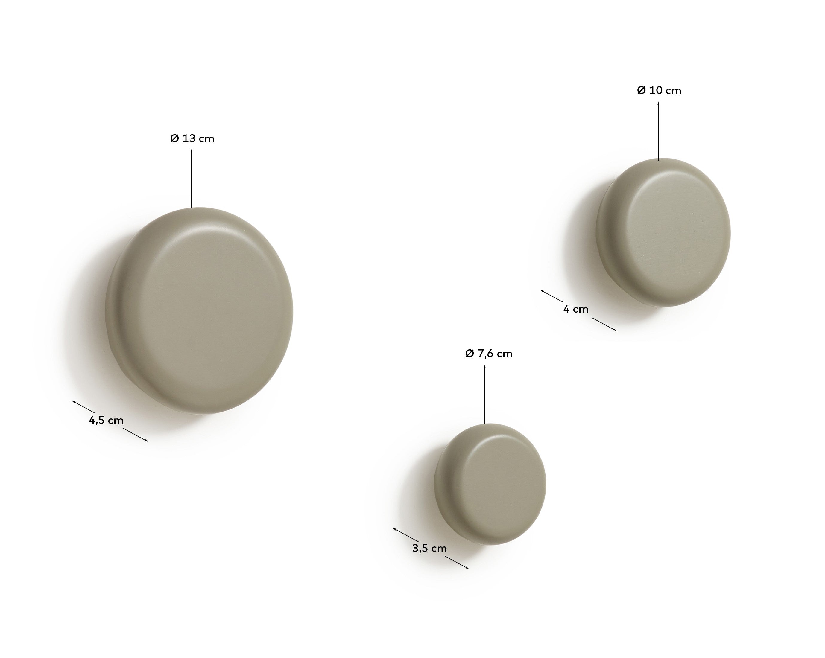 Nadue set of 3 solid beech wood wall hooks with a grey finish - Measurements