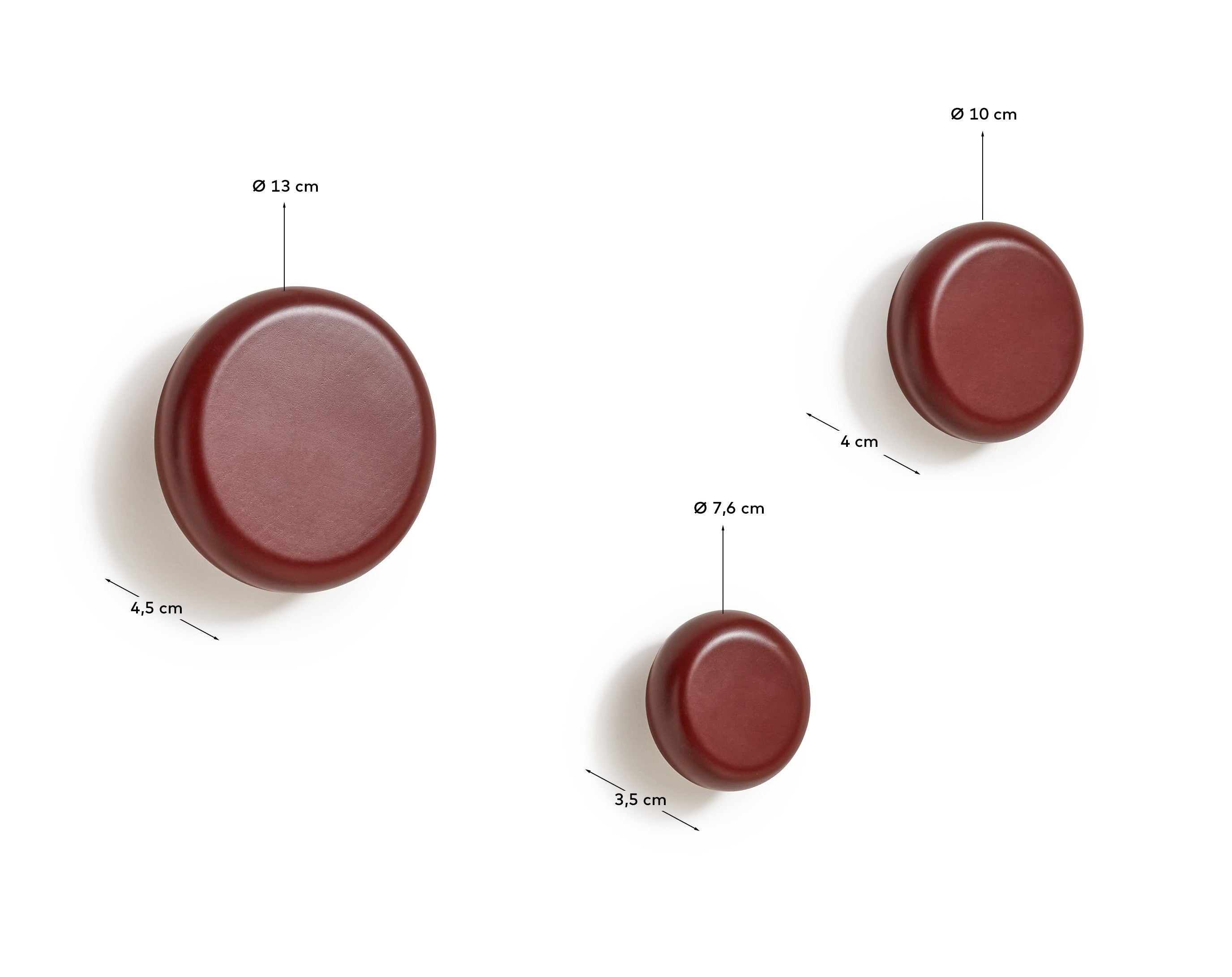 Nadue set of 3 solid beech wood wall hooks with a maroon finish - Measurements