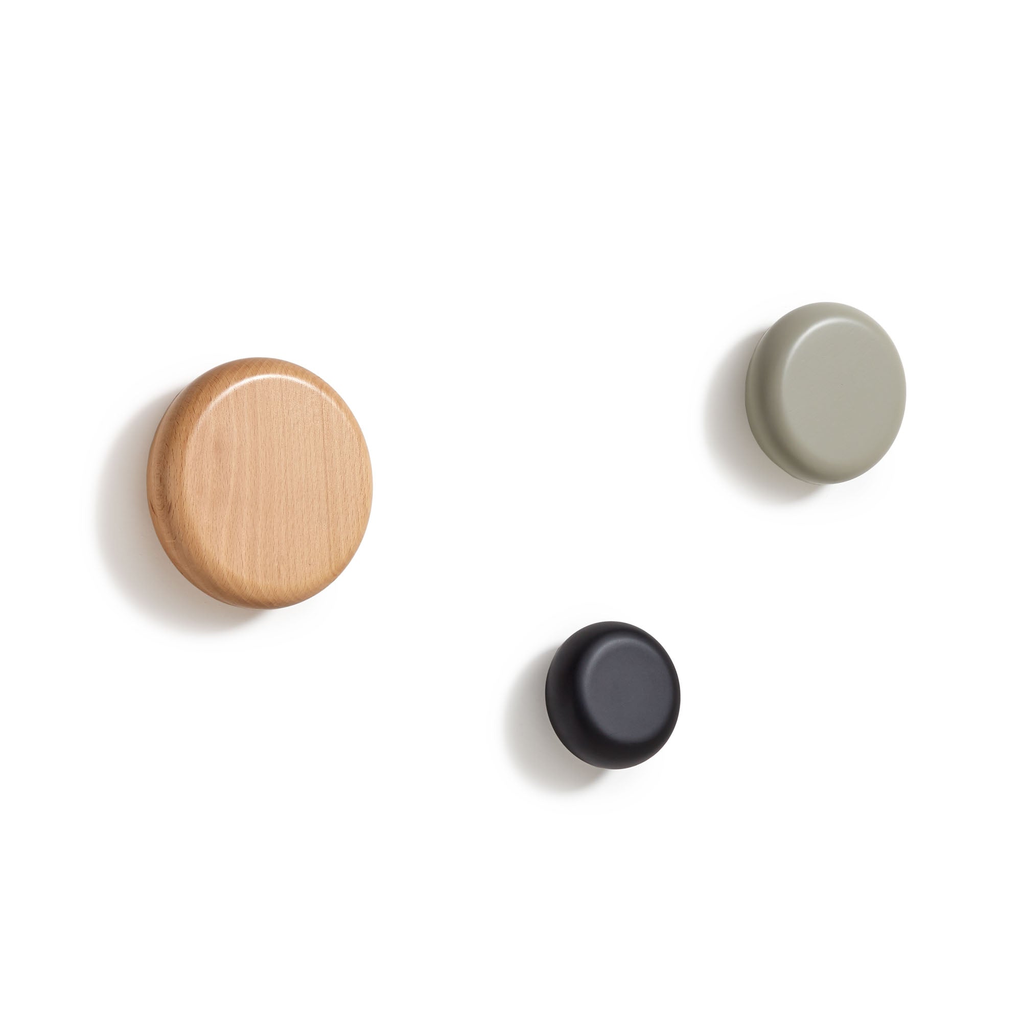 Nadue set of 3 solid beech wood wall hooks with natural, grey, and black finishes - Product Image
