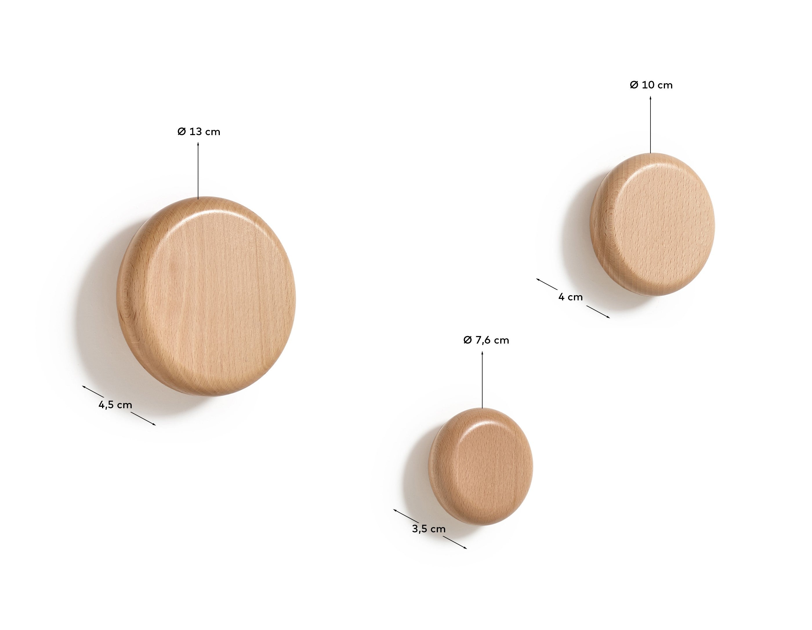 Nadue set of 3 solid beech wood wall hooks with a natural finish - Measurements