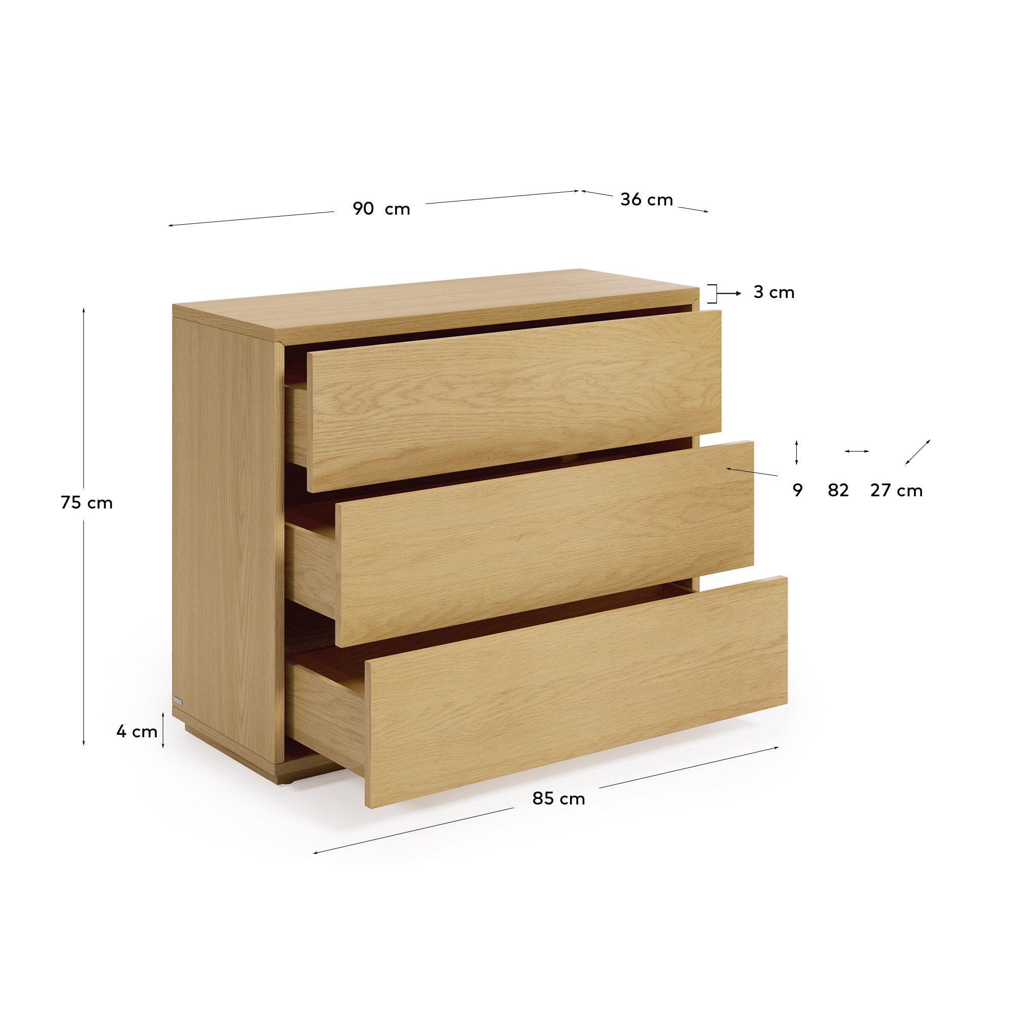 Abilen 3-drawer oak veneer chest of drawers, 90 x 75 cm, FSC™ certified - Measurements