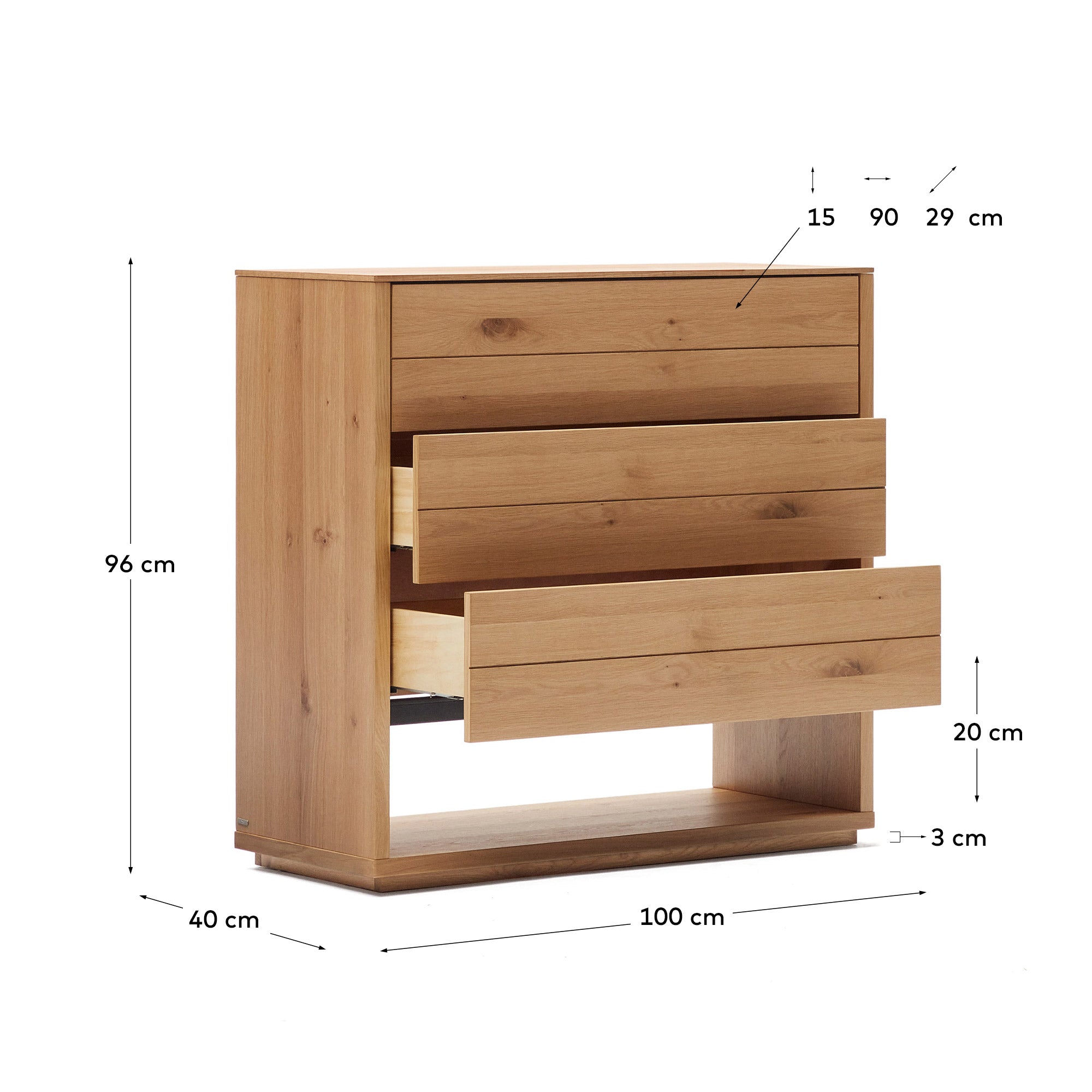 Alguema chest of drawers with 3 drawers in oak wood veneer with natural finish, 100 x 97 cm - Measurements