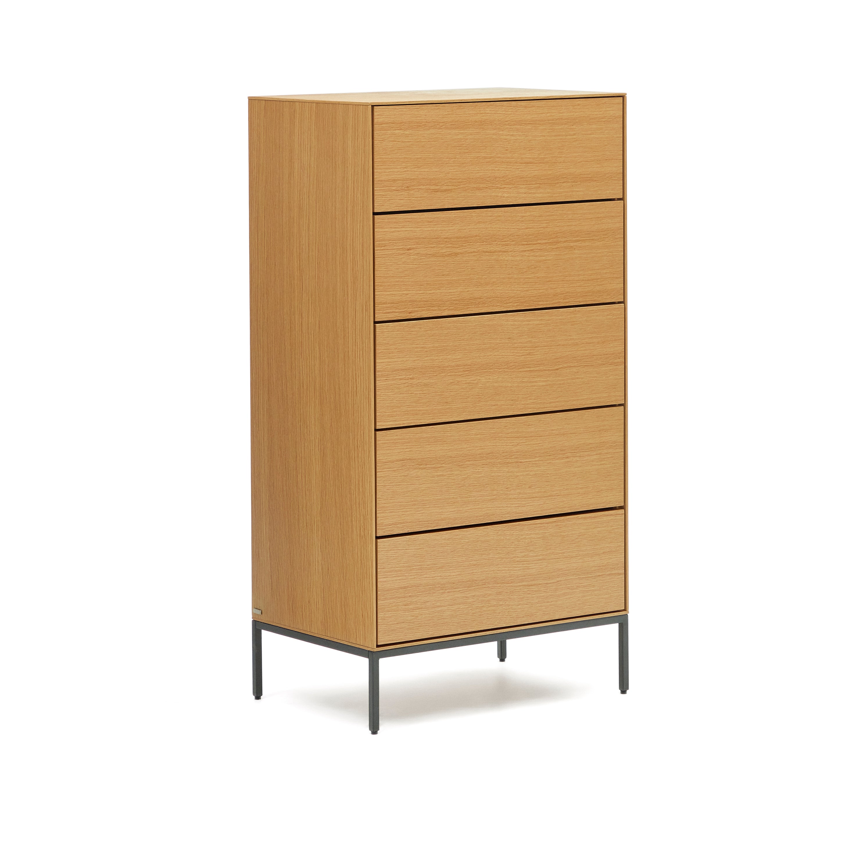 Vedrana 5 drawer chest of drawers in oak veneer with black steel legs, 60 x 114 cm - Product Image