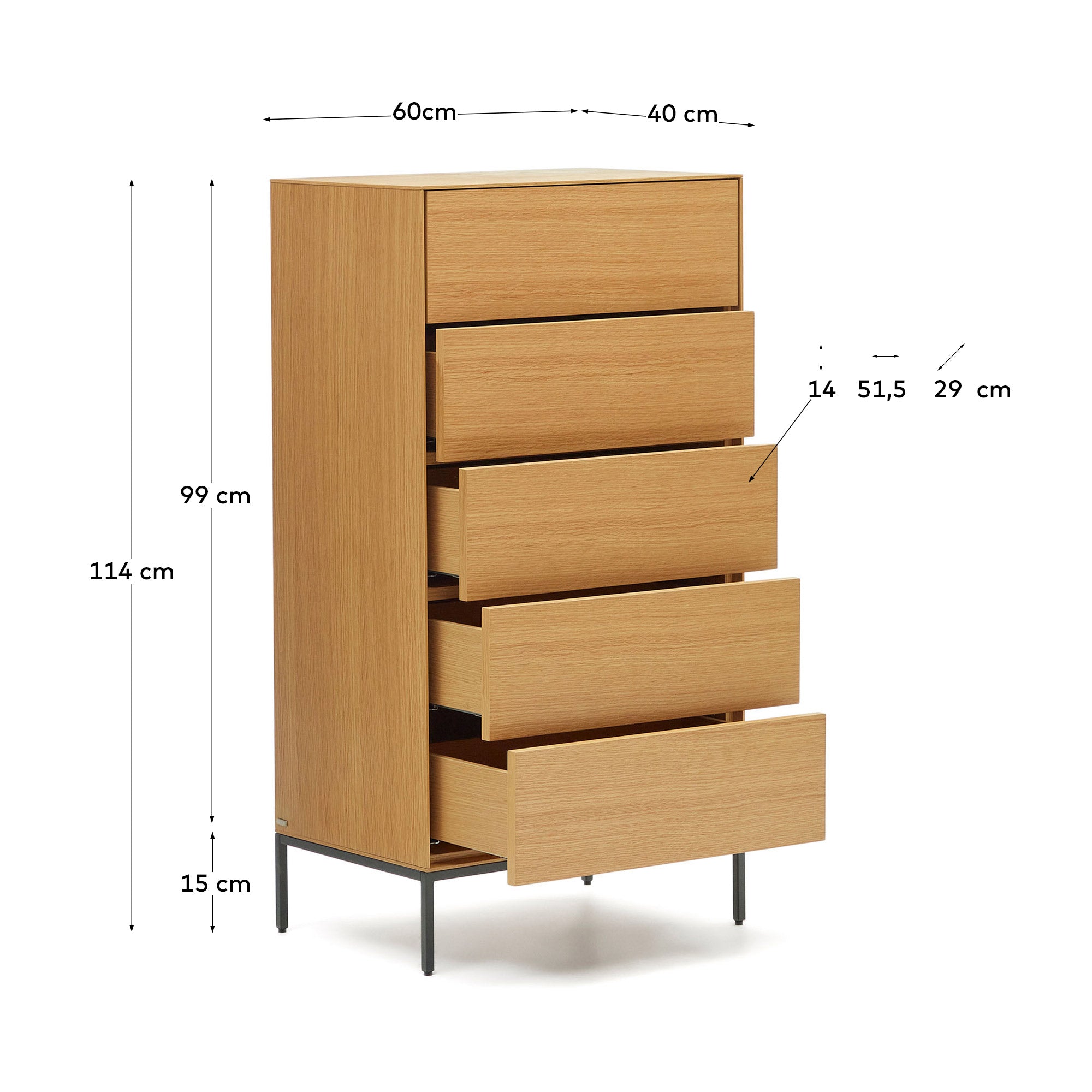 Vedrana 5 drawer chest of drawers in oak veneer with black steel legs, 60 x 114 cm - Measurements
