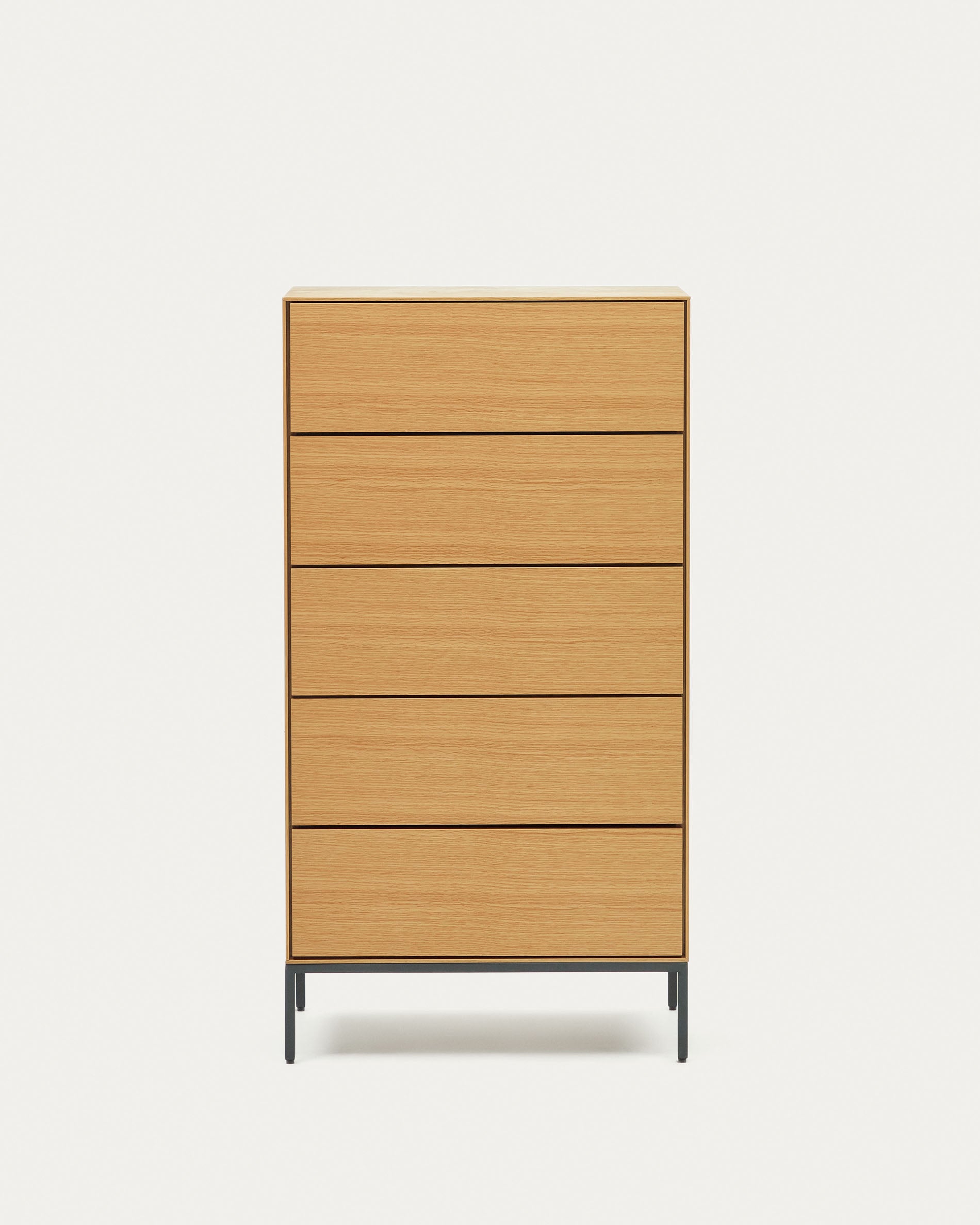 Vedrana 5 drawer chest of drawers in oak veneer with black steel legs, 60 x 114 cm - Product View