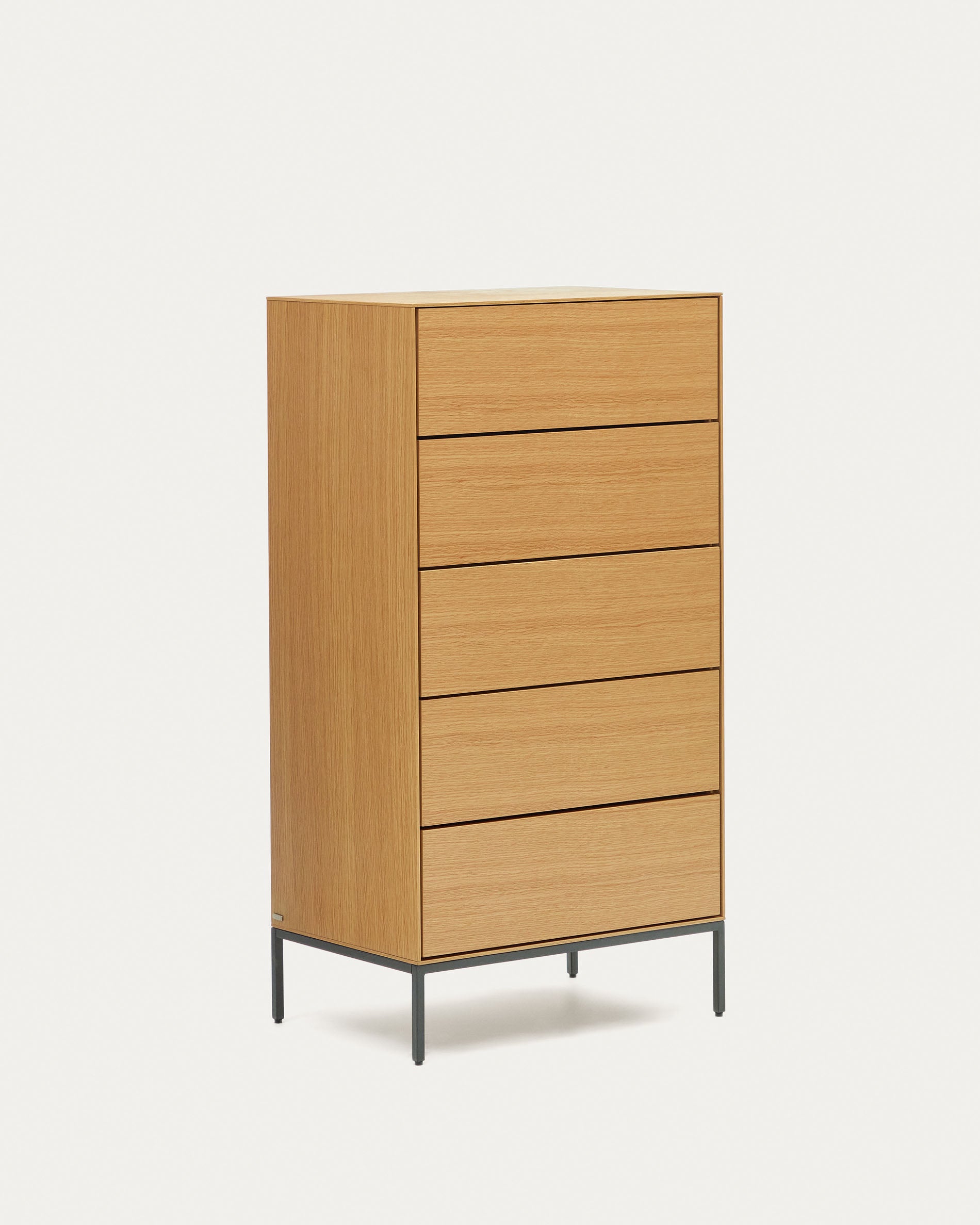 Vedrana 5 drawer chest of drawers in oak veneer with black steel legs, 60 x 114 cm - Product View