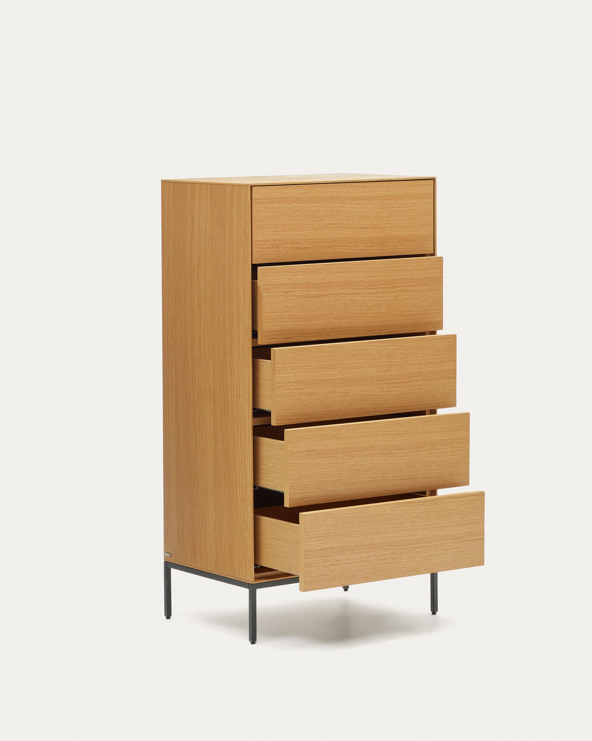 Vedrana 5 drawer chest of drawers in oak veneer with black steel legs, 60 x 114 cm - Product View