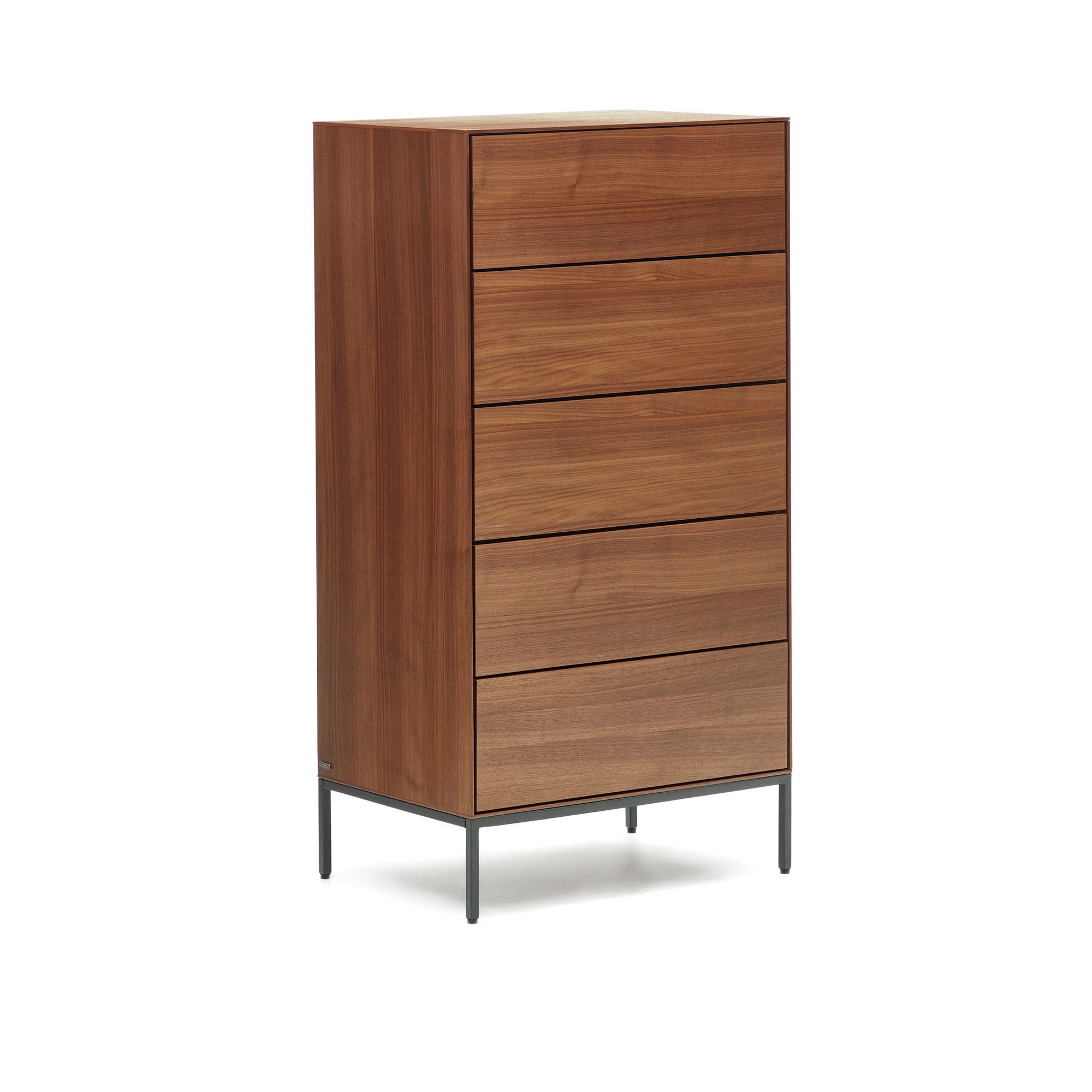 Vedrana 5 drawer chest of drawers in walnut veneer with black steel legs, 60 x 114 cm - Product Image