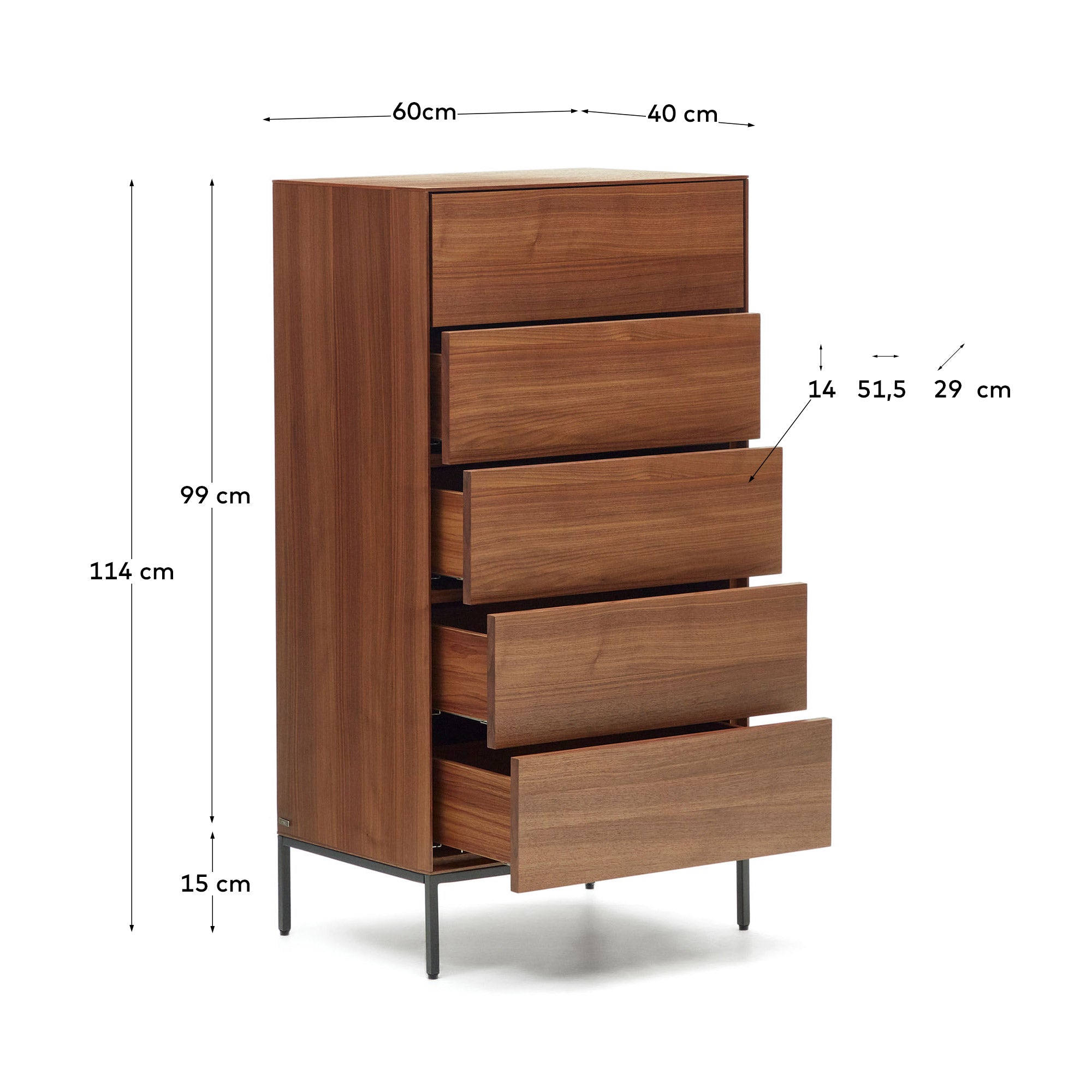 Vedrana 5 drawer chest of drawers in walnut veneer with black steel legs, 60 x 114 cm - Measurements