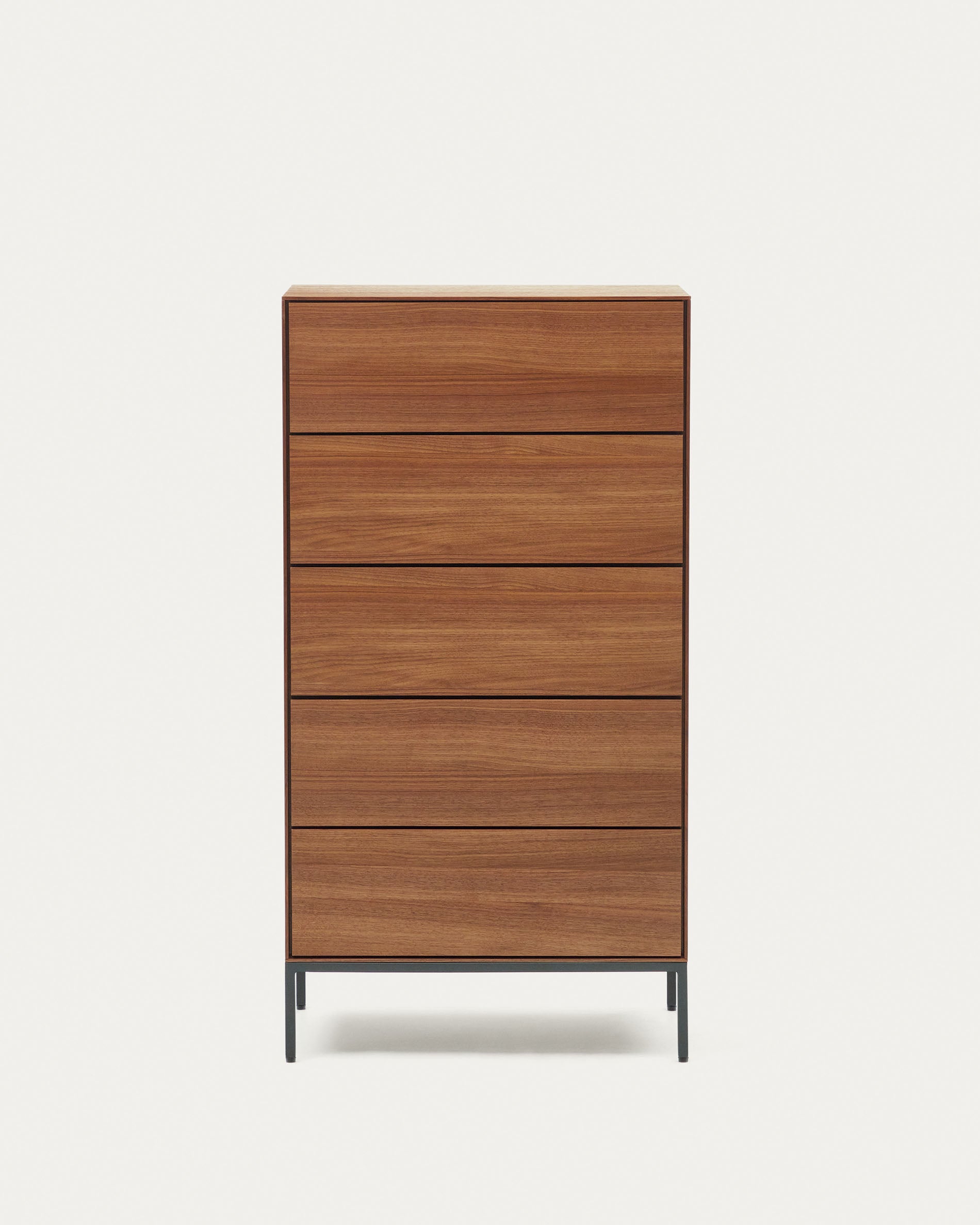 Vedrana 5 drawer chest of drawers in walnut veneer with black steel legs, 60 x 114 cm - Product View