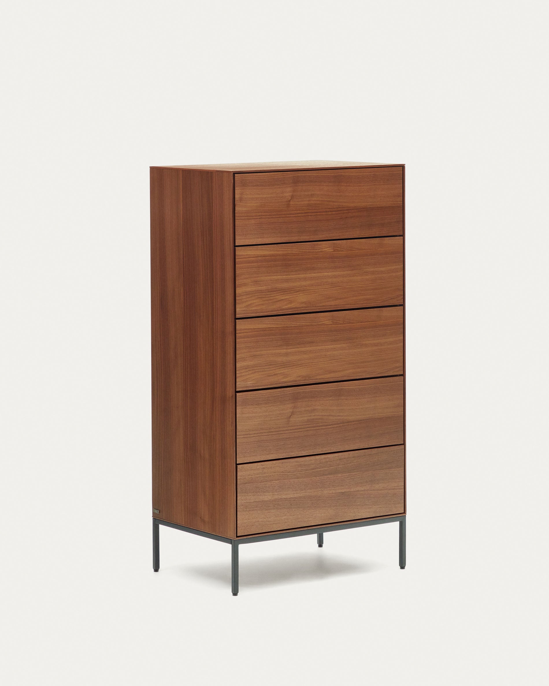 Vedrana 5 drawer chest of drawers in walnut veneer with black steel legs, 60 x 114 cm - Product View