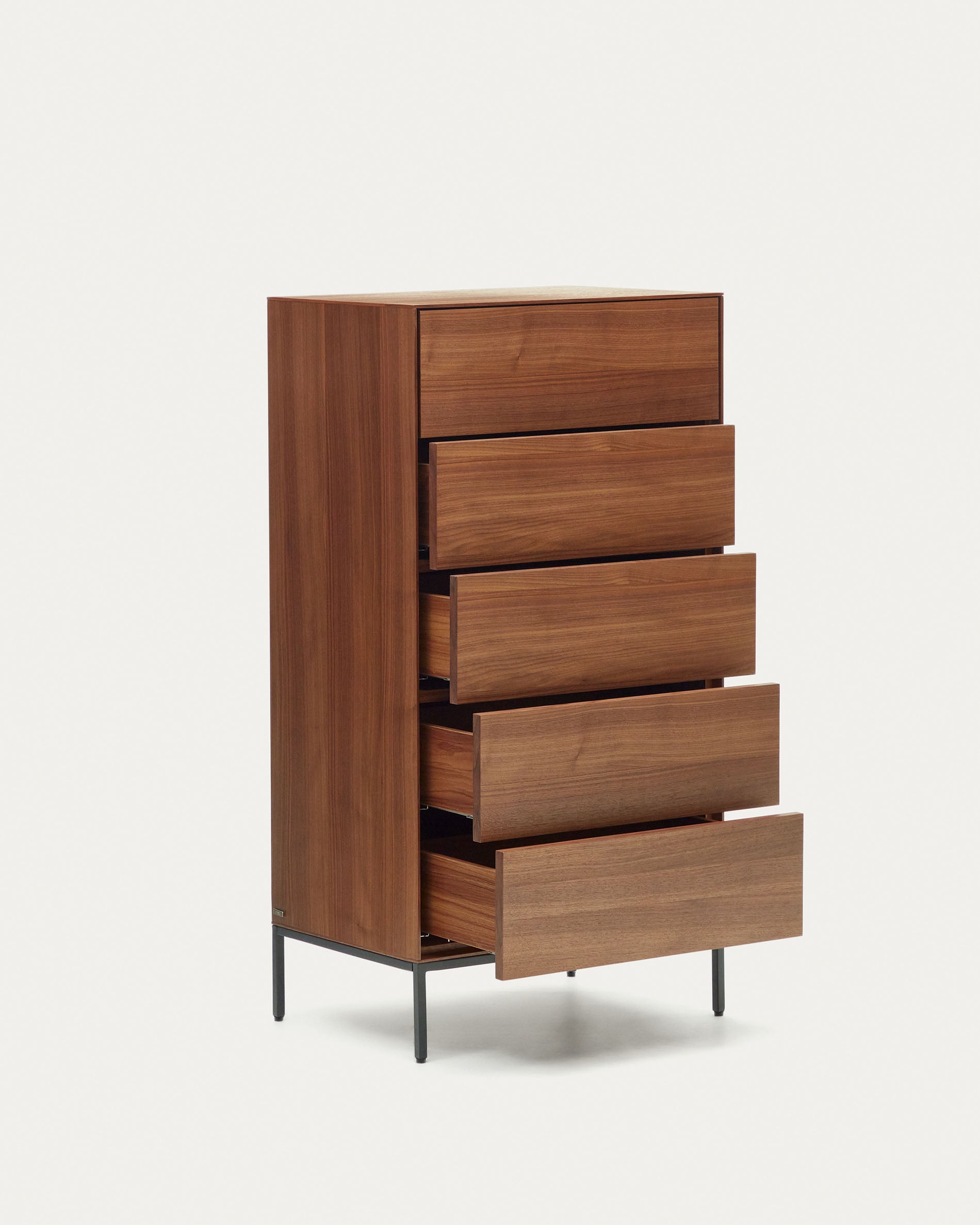 Vedrana 5 drawer chest of drawers in walnut veneer with black steel legs, 60 x 114 cm - Product View