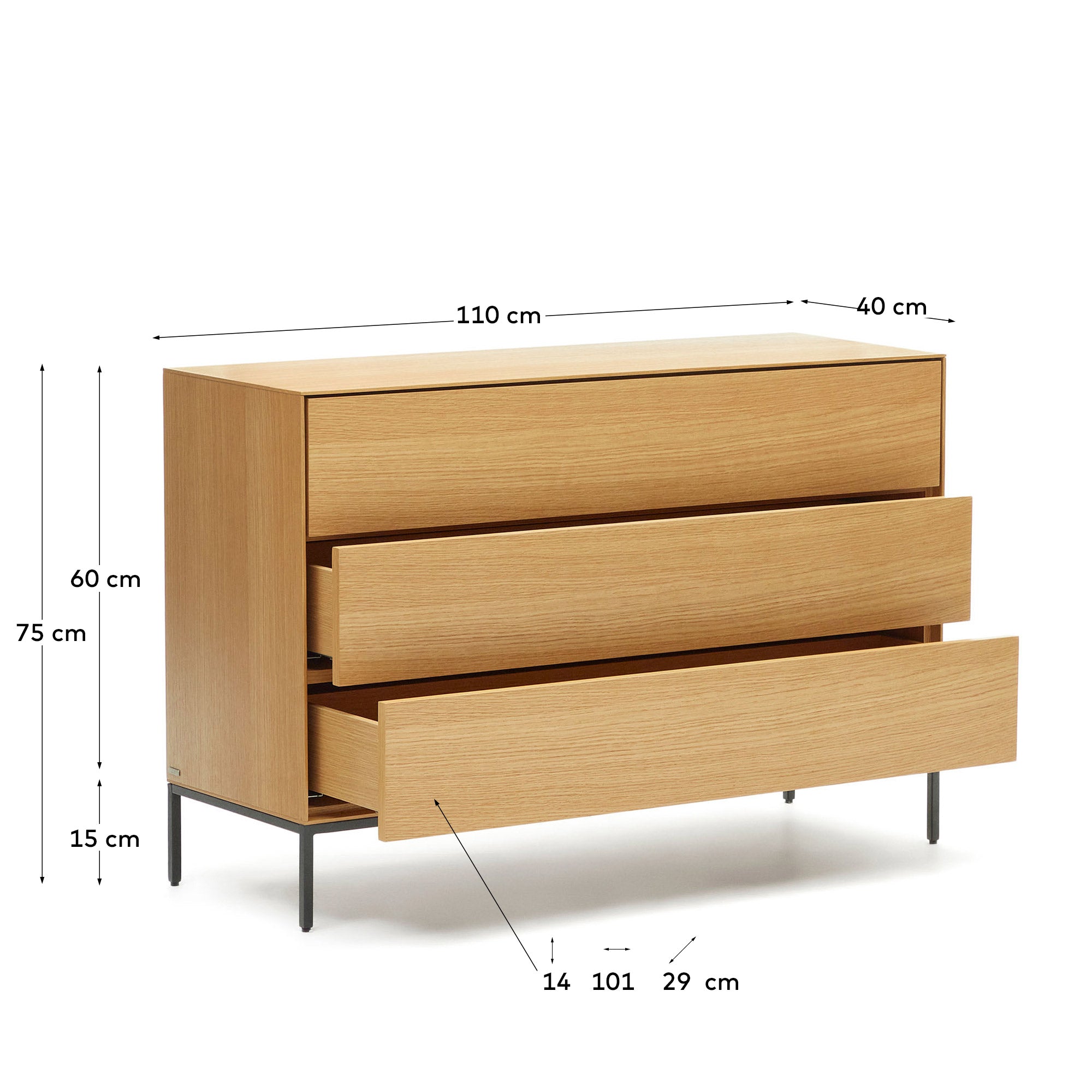 Vedrana 3 drawer chest of drawers in oak veneer with black steel legs, 110 x 75 cm - Measurements